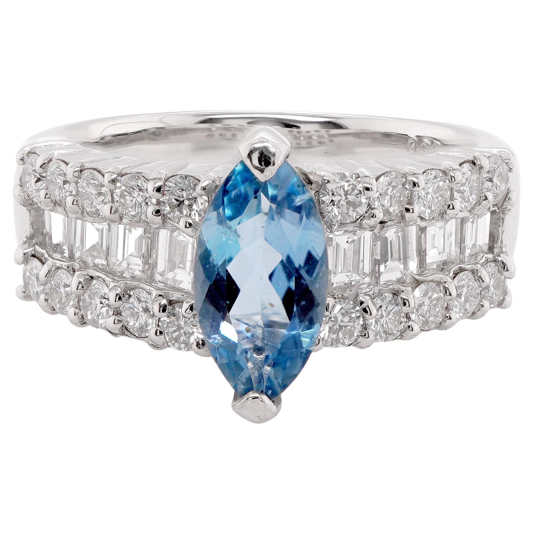 Almost 1 Carat Santa Maria Aquamarine & 1 Carat White Diamond PT900 Amazing Ring For Sale