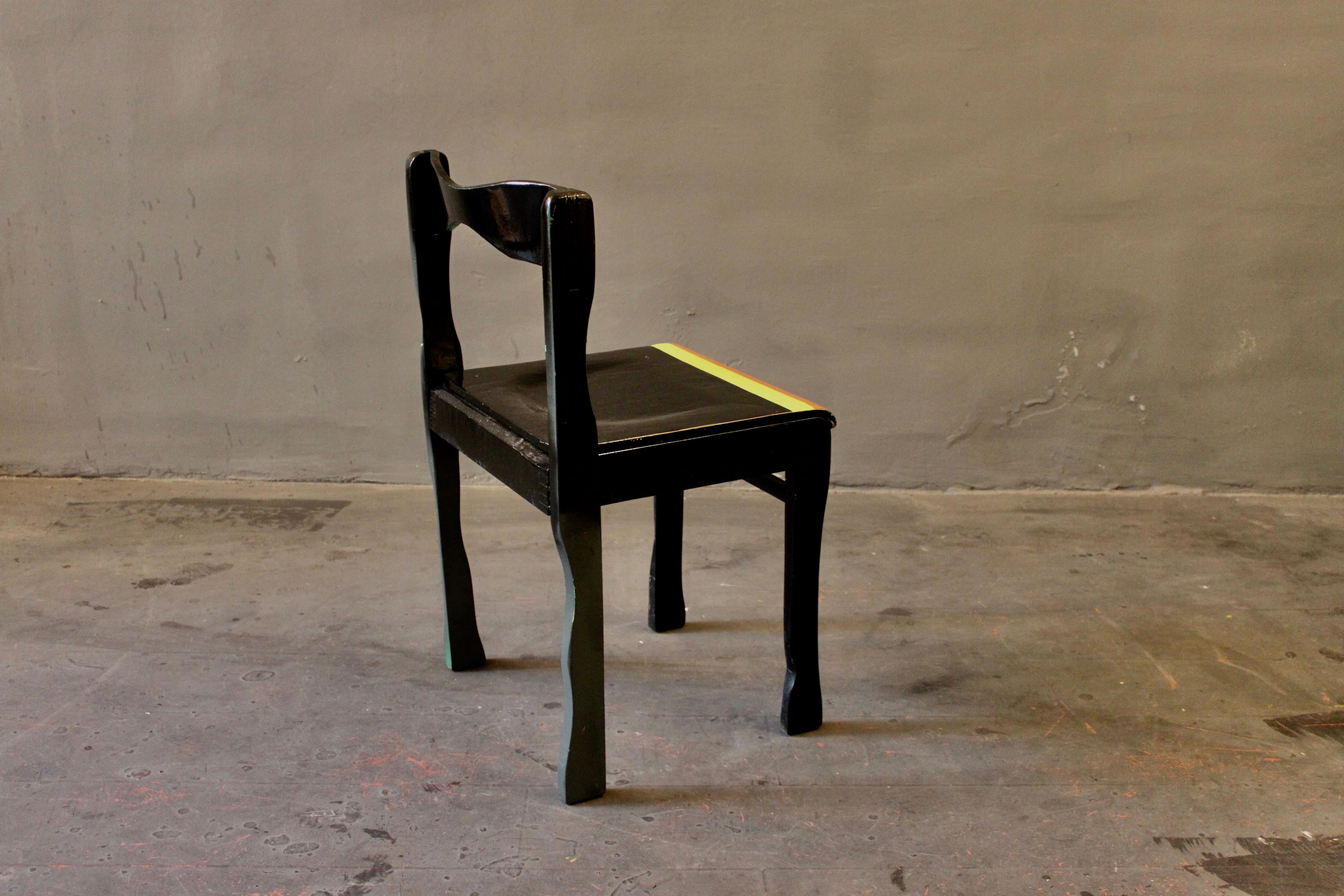 Classic mid-century chair, re-shaped, painted and multi-lacquered. A typical early work by Markus Friedrich Staab and a perfect functional art work.

Through my work I transform each chair into a unique and individual object. Chairs that once were