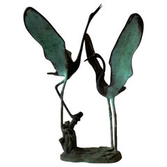 Almost Life Size Patinated Bronze Pair of Cranes Sculpture Fountain