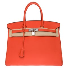 Almost New Hermès Birkin 35 handbag in Orange Hermès Togo leather, SHW !