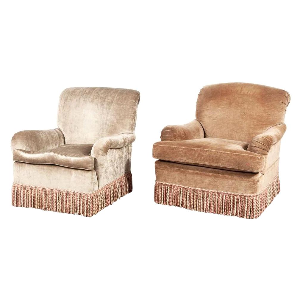 Almost Pair of Brown Velvet Swivel Club Chairs