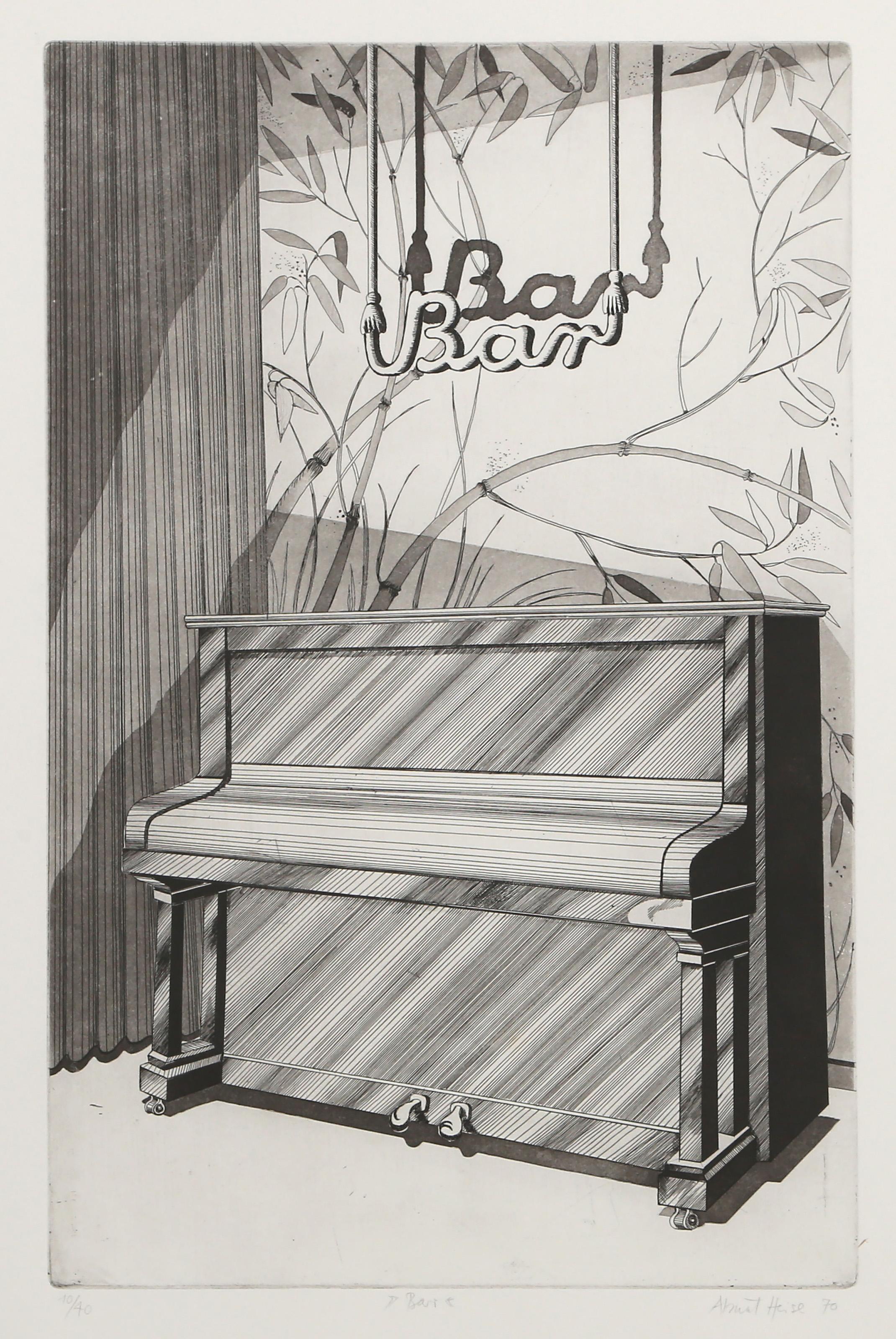 Almut Heise (1944 - ) - Bar, Jahr:  1970, Medium:  Radierung auf BFK Rives, signiert, betitelt, nummeriert und datiert mit Bleistift, Auflage:  10/40, Bildgröße:  18,75 x 12 Zoll, Größe:  25,5 x 19,75 Zoll (64,77 x 50,17 cm)