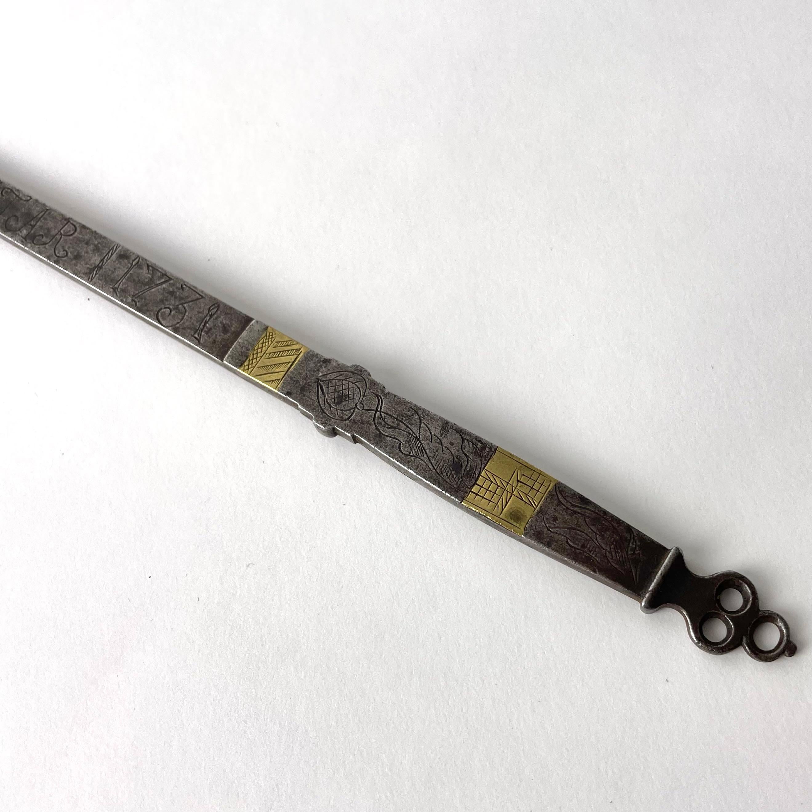Gilt Alnmått (Cubit measure) in iron with gilded details. Baroque, dated 1731 For Sale