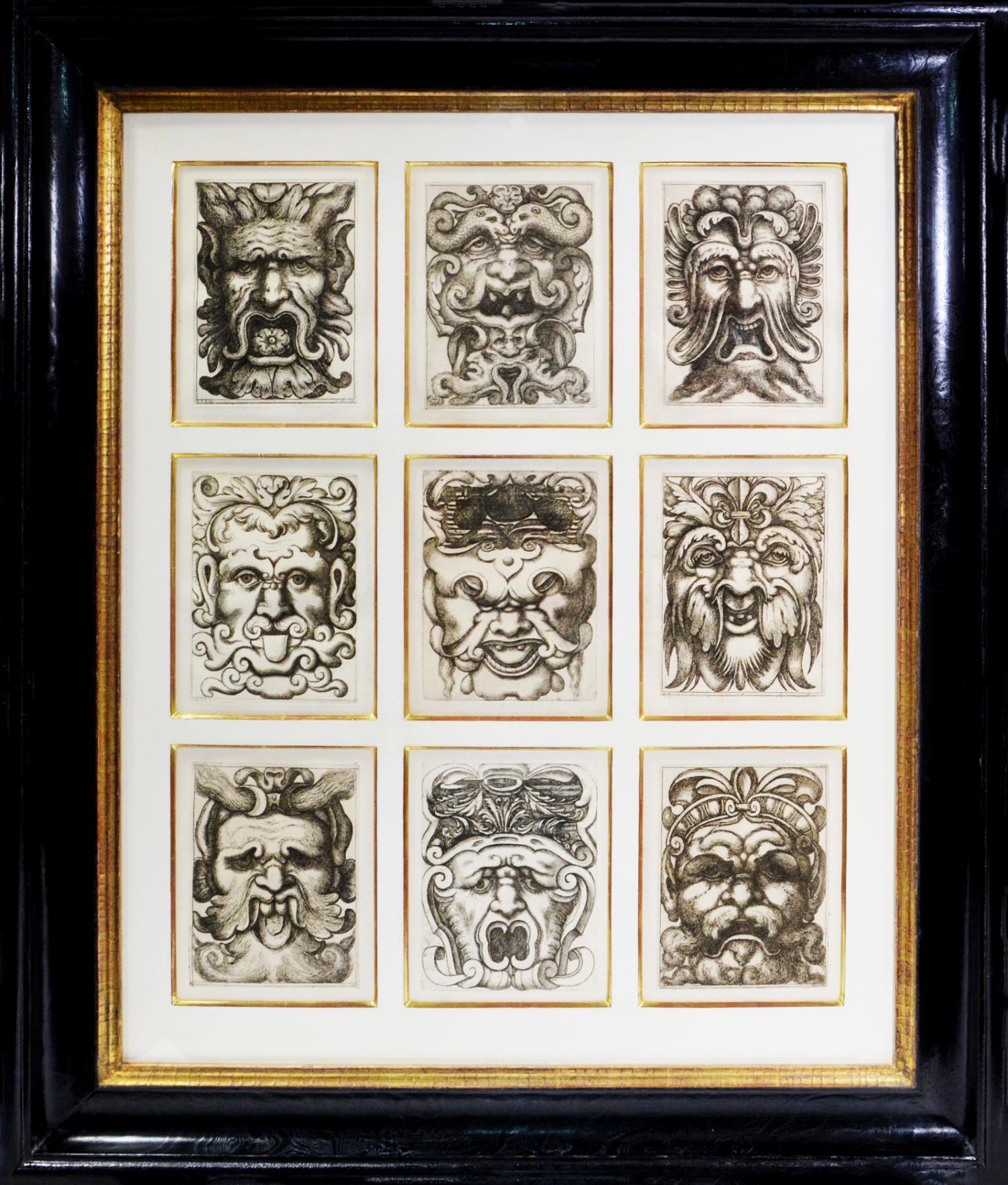 Four Groups of Nine Grotesque Masks - Print by Alò Giovannoli