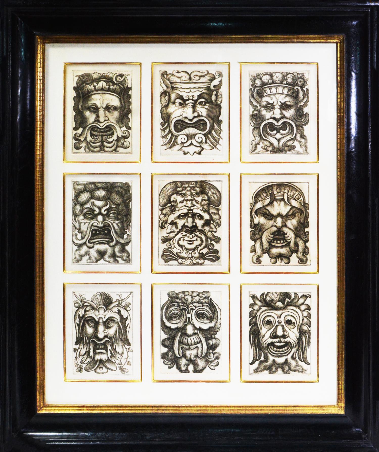 Quatre Groupes de neuf masques grotesques - Gothique Print par Alò Giovannoli
