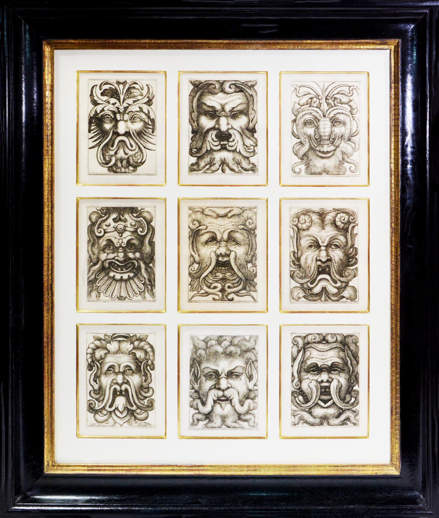 Quatre Groupes de neuf masques grotesques - Beige Still-Life Print par Alò Giovannoli