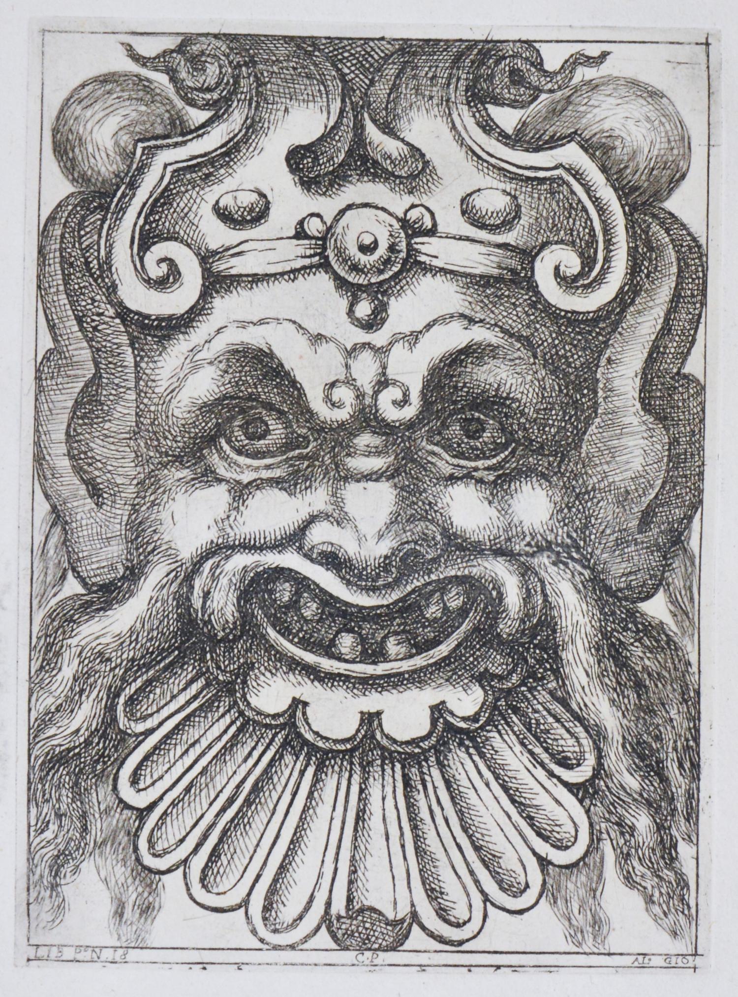 Four Groups of Nine Grotesque Masks - Gothic Print by Alò Giovannoli