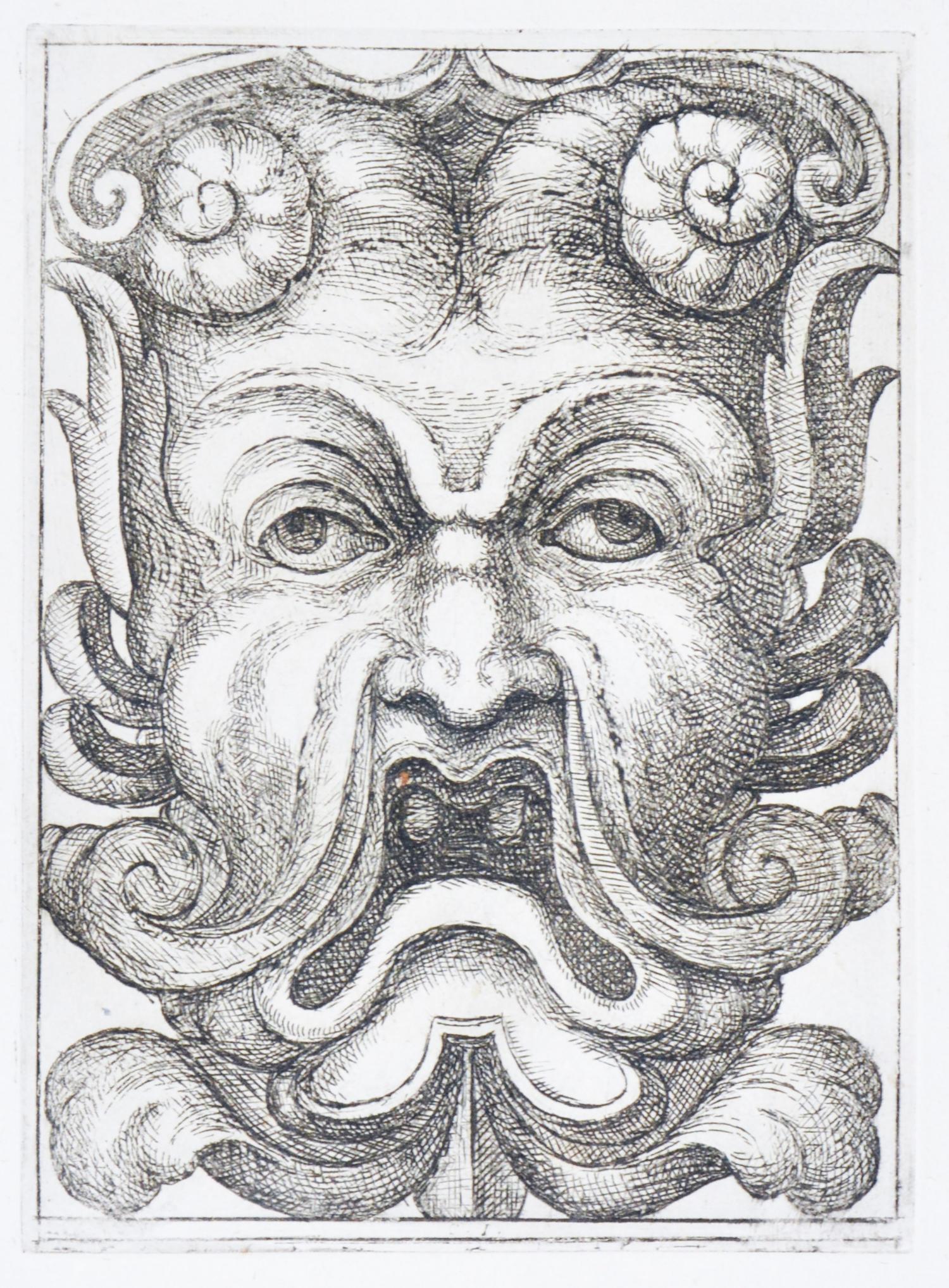 Four Groups of Nine Grotesque Masks - Beige Still-Life Print by Alò Giovannoli