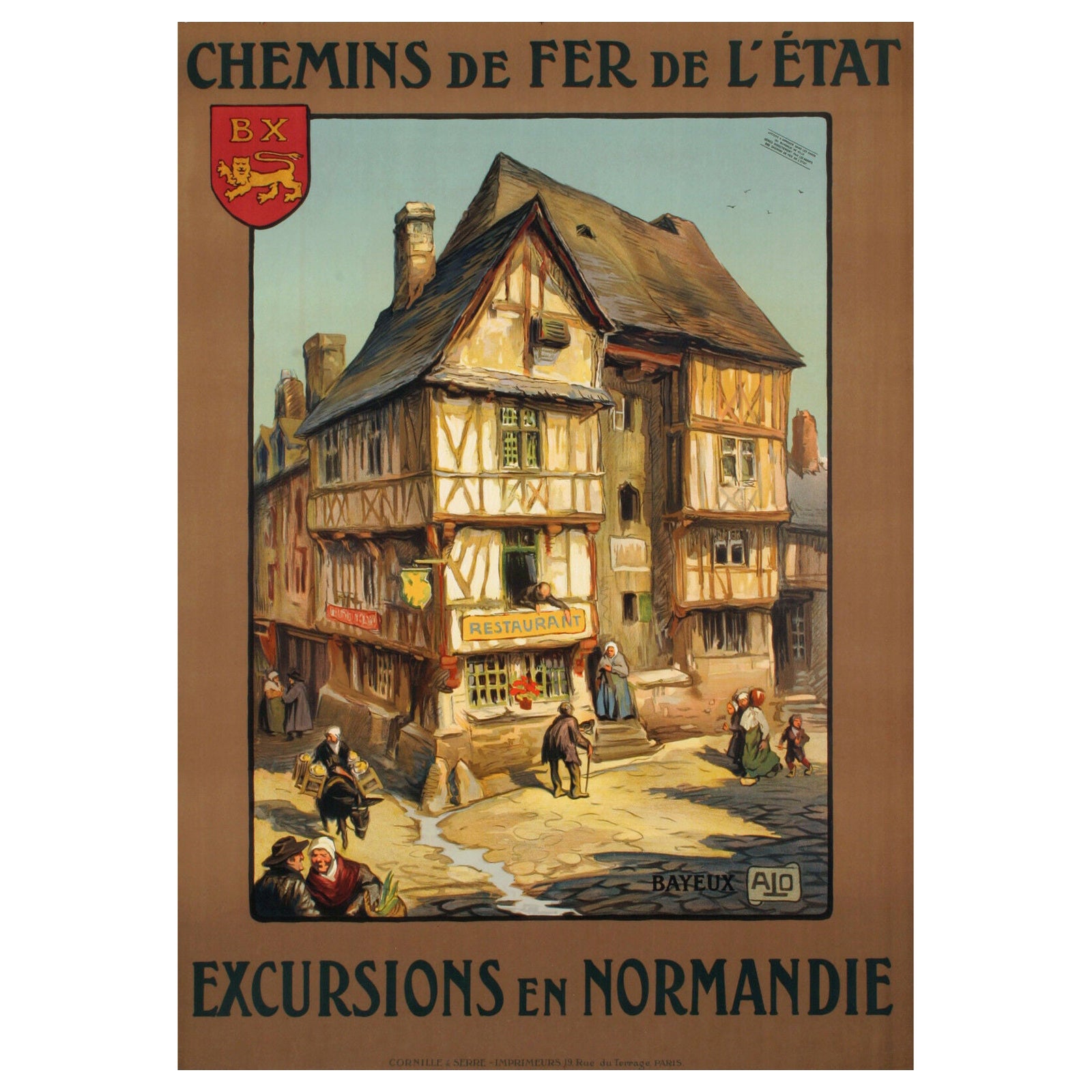 Alo, affiche de voyage Art Déco originale, Bayeux, Calvados, Normandie, Donkey, 1922