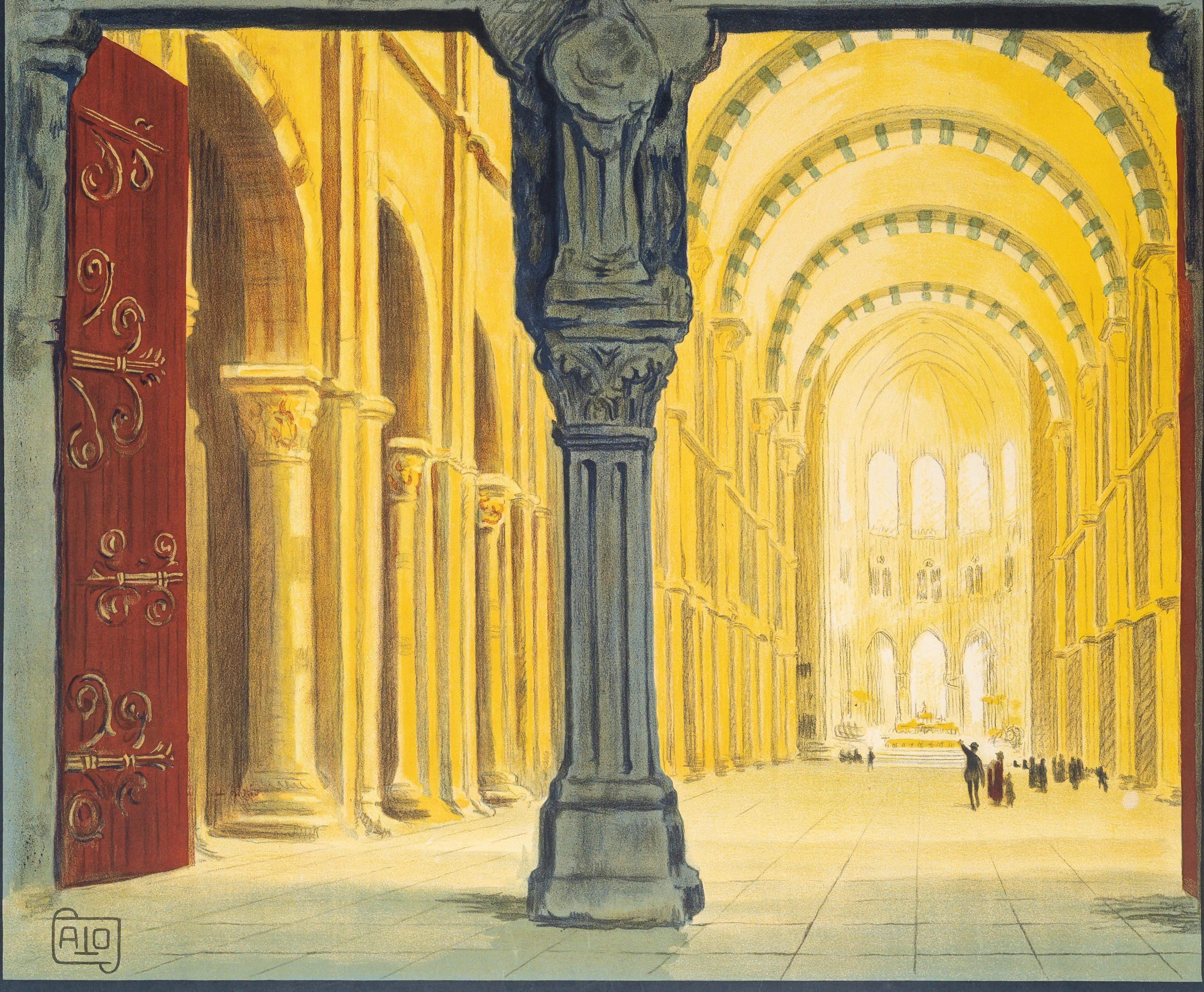 ALO, Original PLM- Tourismusplakat, Basilica Vezelay, Burgund, Avallon-Kirche 1920 im Zustand „Gut“ im Angebot in SAINT-OUEN-SUR-SEINE, FR