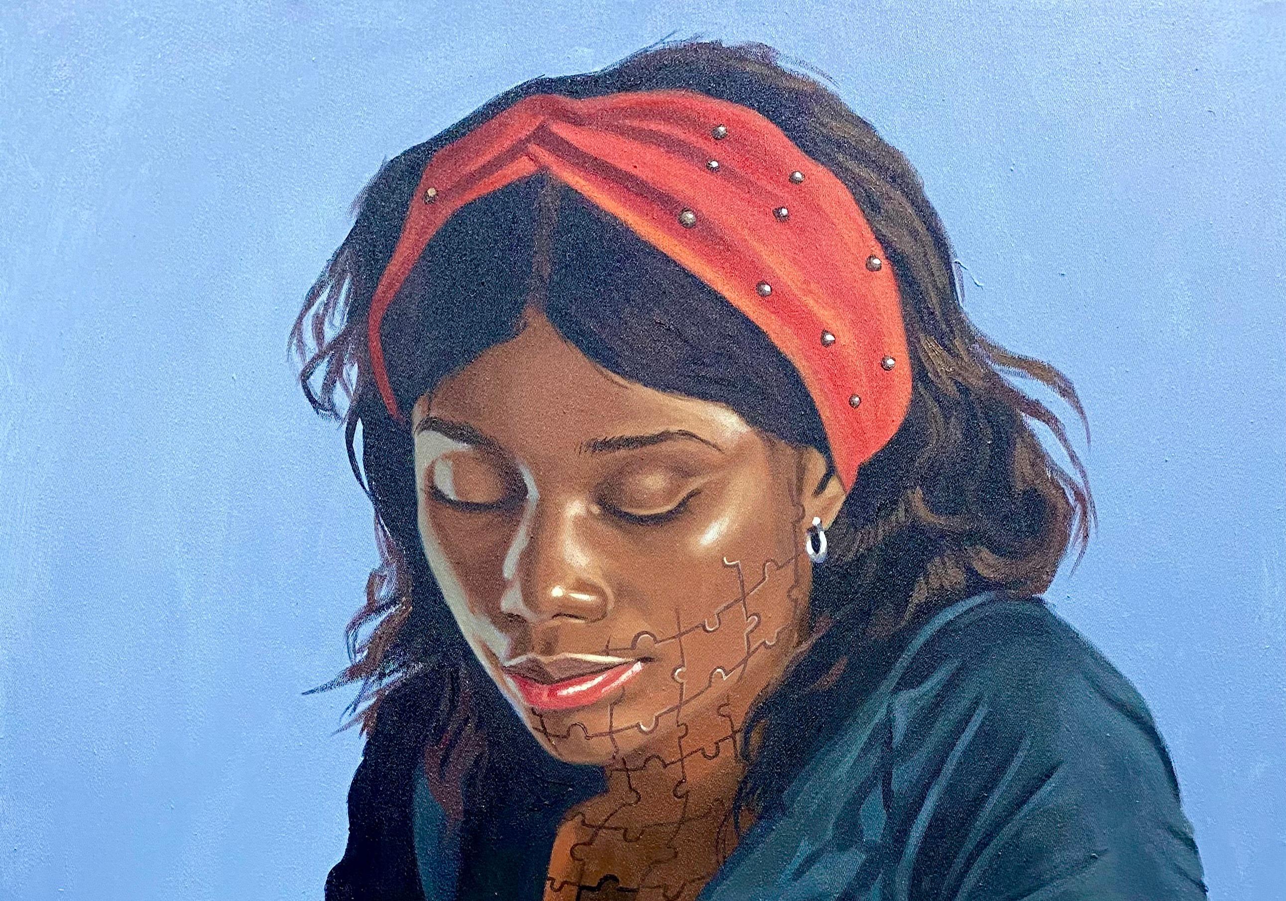 Awaiting Your Call -21° secolo, Contemporaneo, Ritratto figurativo, Amore cubista - Painting di Alogi John