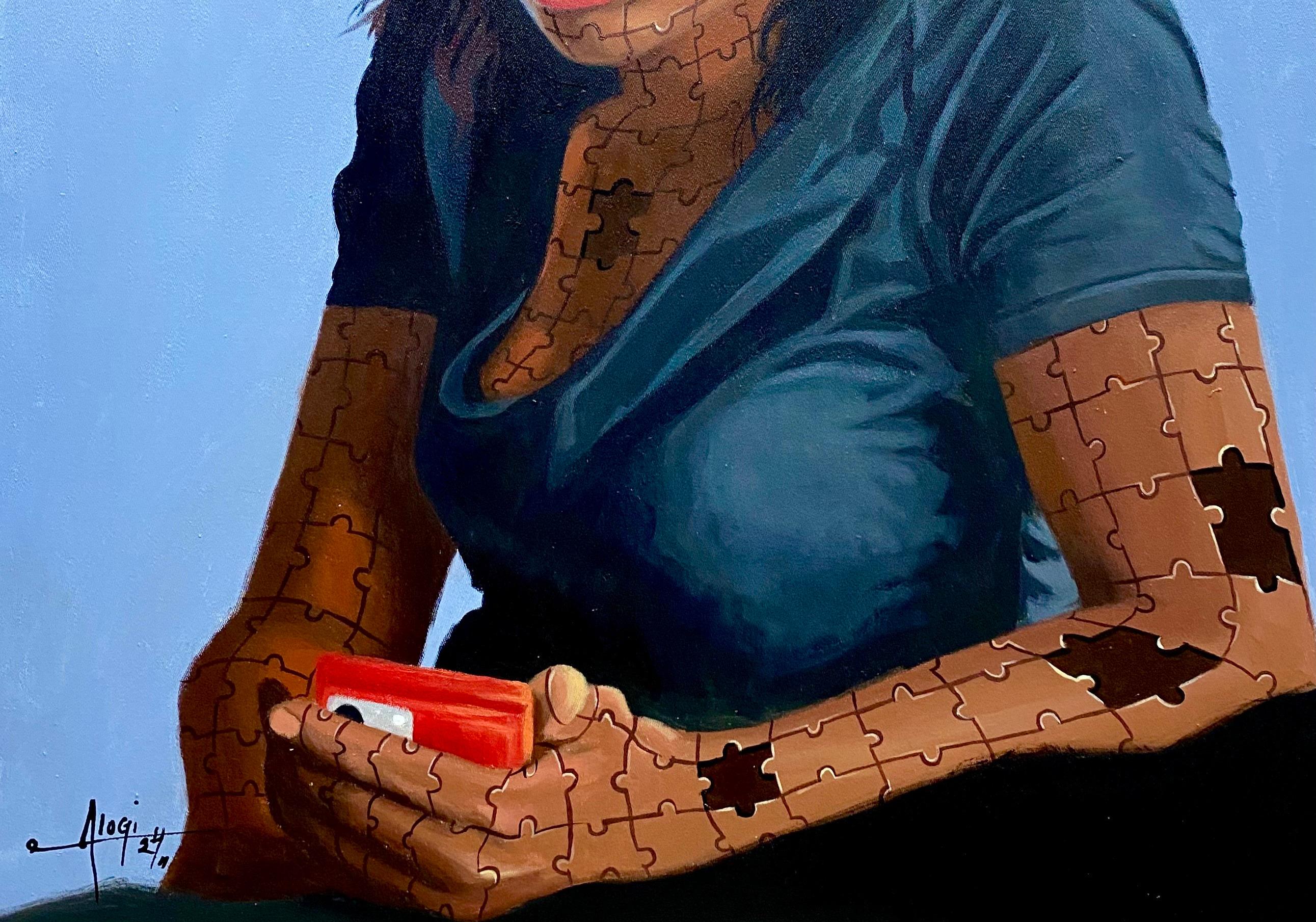 Awaiting Your Call -21° secolo, Contemporaneo, Ritratto figurativo, Amore cubista - Painting Cubismo di Alogi John