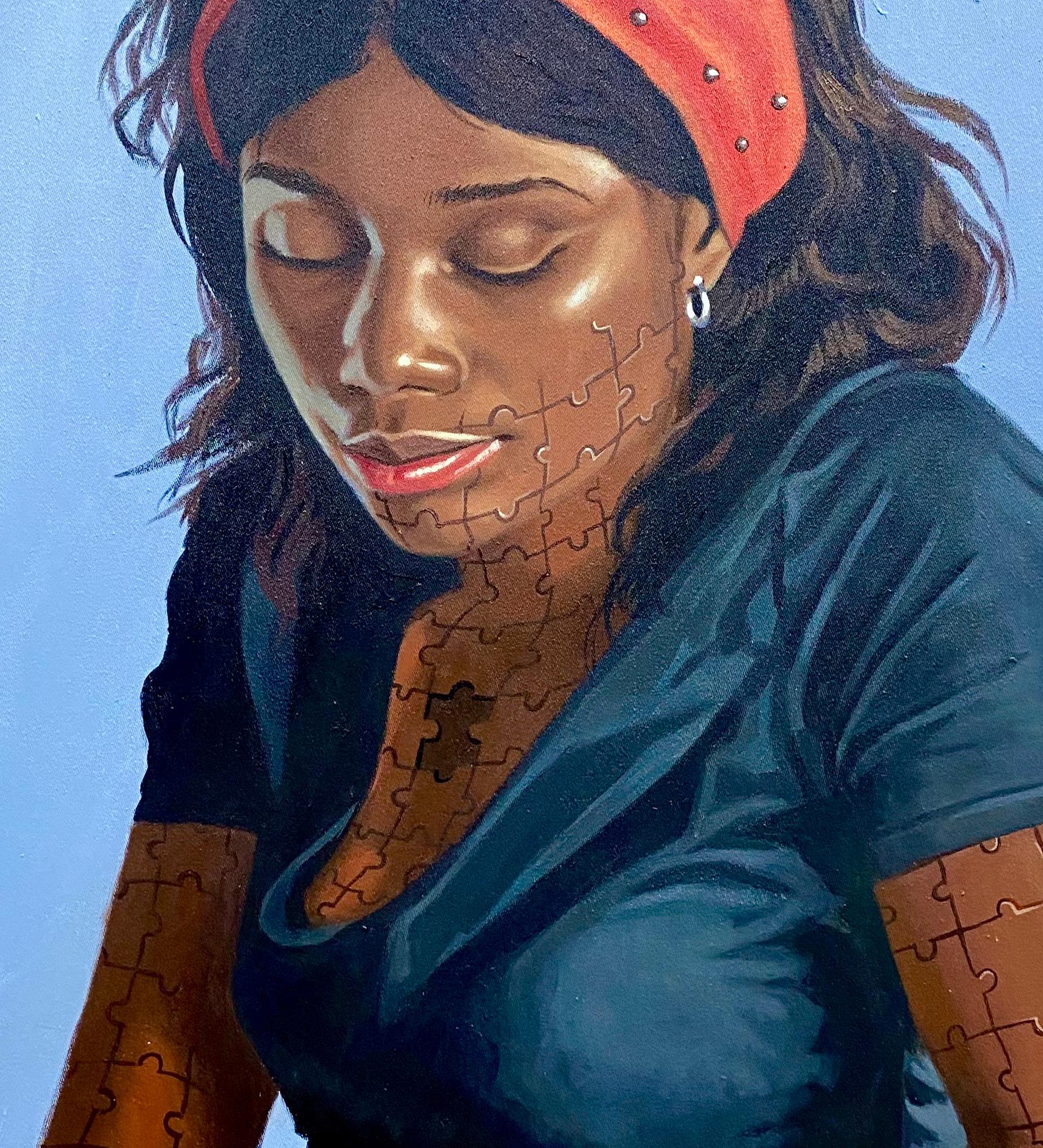 Awaiting Your Call -21° secolo, Contemporaneo, Ritratto figurativo, Amore cubista - Portrait Painting Nero di Alogi John
