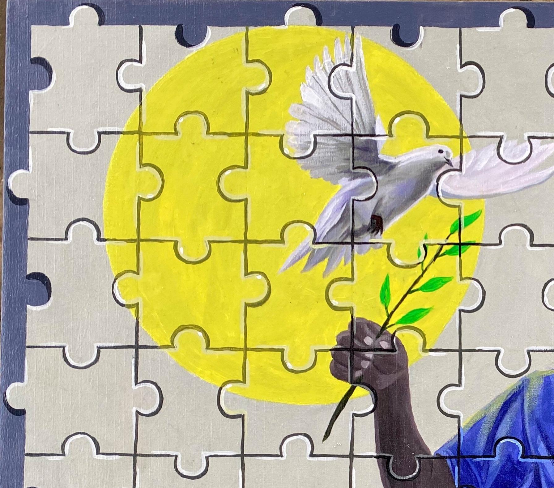 Give it Up 2 - Siglo XXI, Contemporáneo, Figurativo, Puzzle, Pájaro, Niño, Amor - Painting de Alogi John
