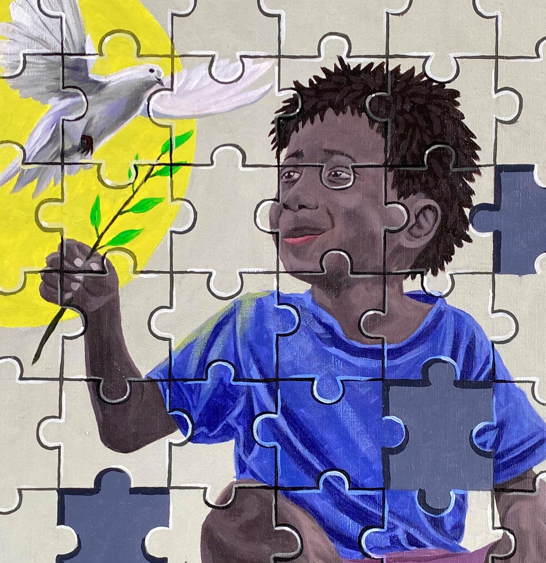 Give it Up 2 - Siglo XXI, Contemporáneo, Figurativo, Puzzle, Pájaro, Niño, Amor en venta 1