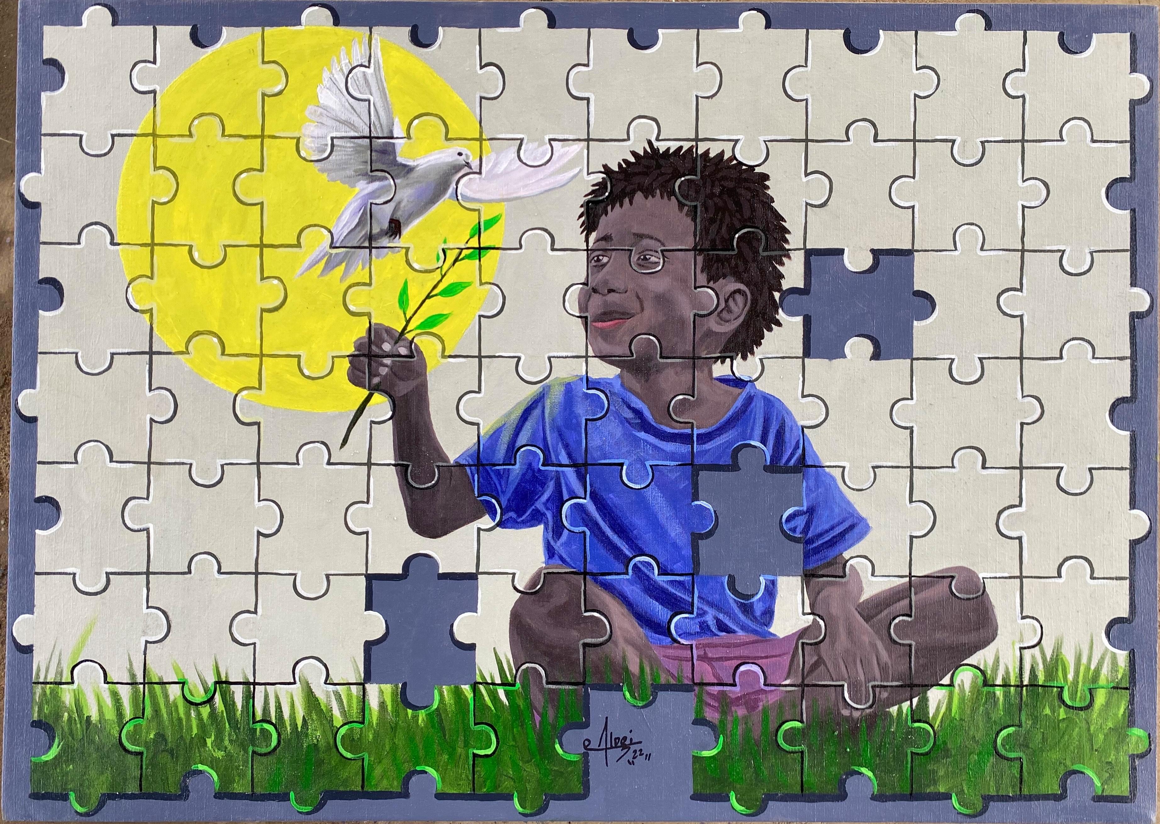 Figurative Painting de Alogi John - Give it Up 2 - Siglo XXI, Contemporáneo, Figurativo, Puzzle, Pájaro, Niño, Amor