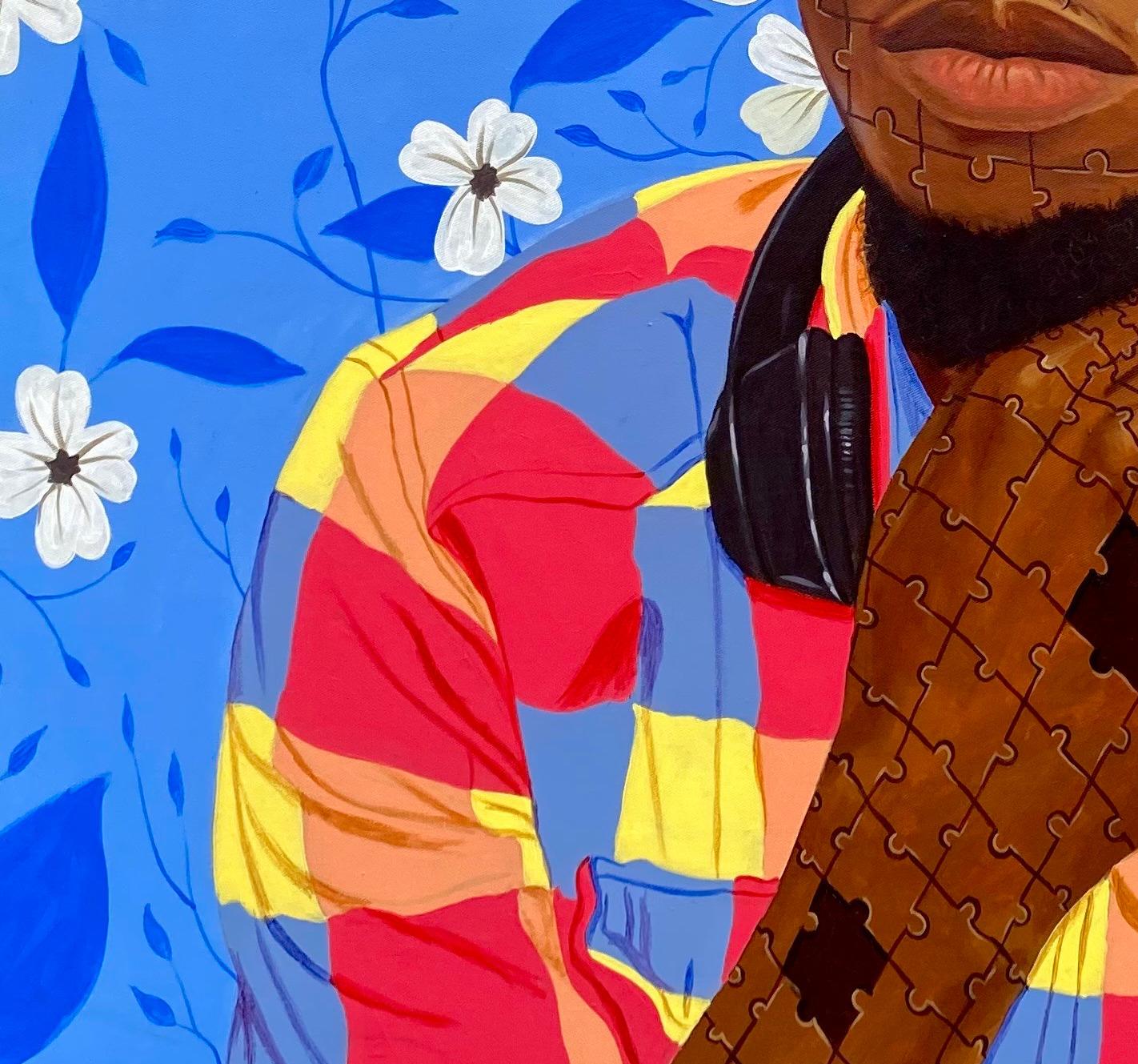 Wild Dream - 21° secolo, Contemporaneo, Ritratto figurativo, Puzzle, Africa Uomo - Portrait Painting Blu di Alogi John