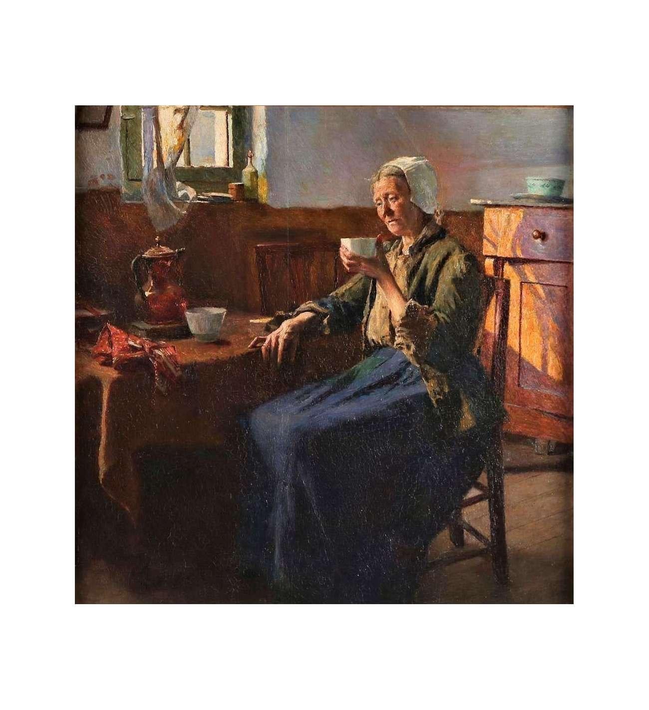 Figurative Painting Alois Boudry  - Huile sur panneau "La vieille pêcheuse" Par Boudry Aloïs (1851-1938)