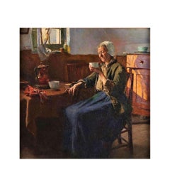 Oil on pannel "The old fisherman woman" By Boudry Aloïs (1851-1938)