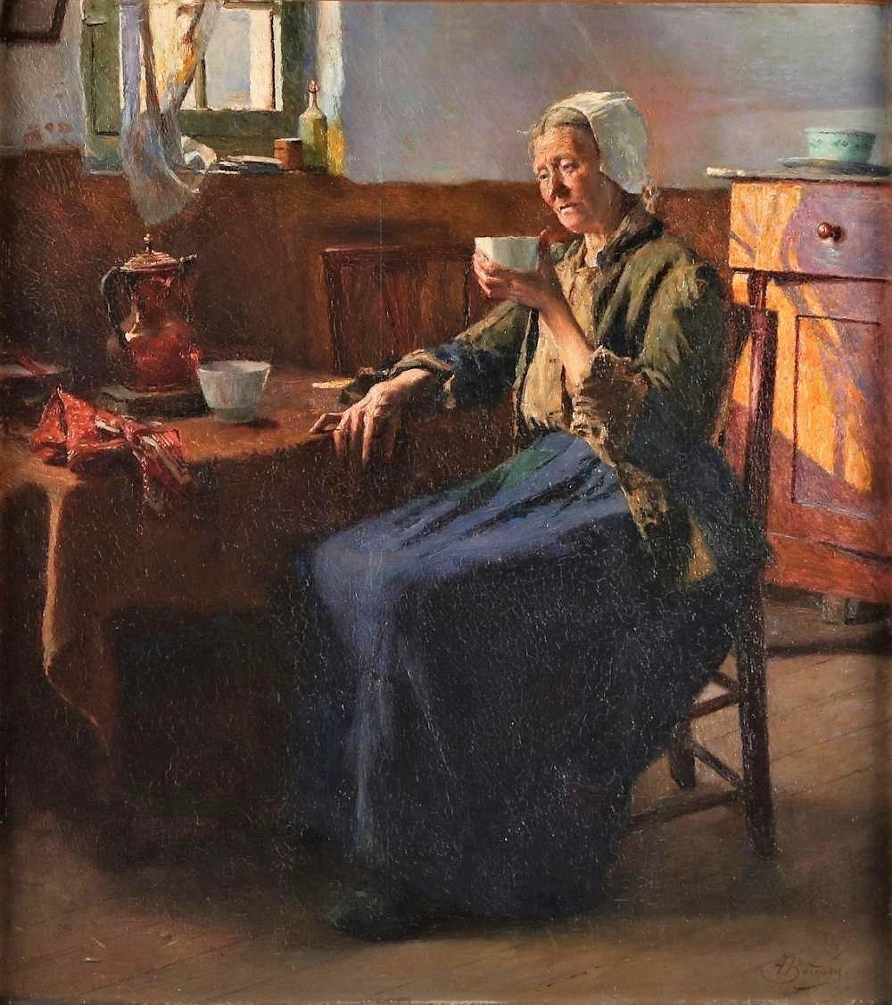 Alois Boudry  Figurative Painting – Öl auf Leinwand "Die alte Fischersfrau" von Boudry Aloïs (1851-1938)