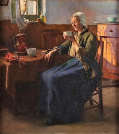 Oil on pannel "The old fisherman woman" By Boudry Aloïs (1851-1938)