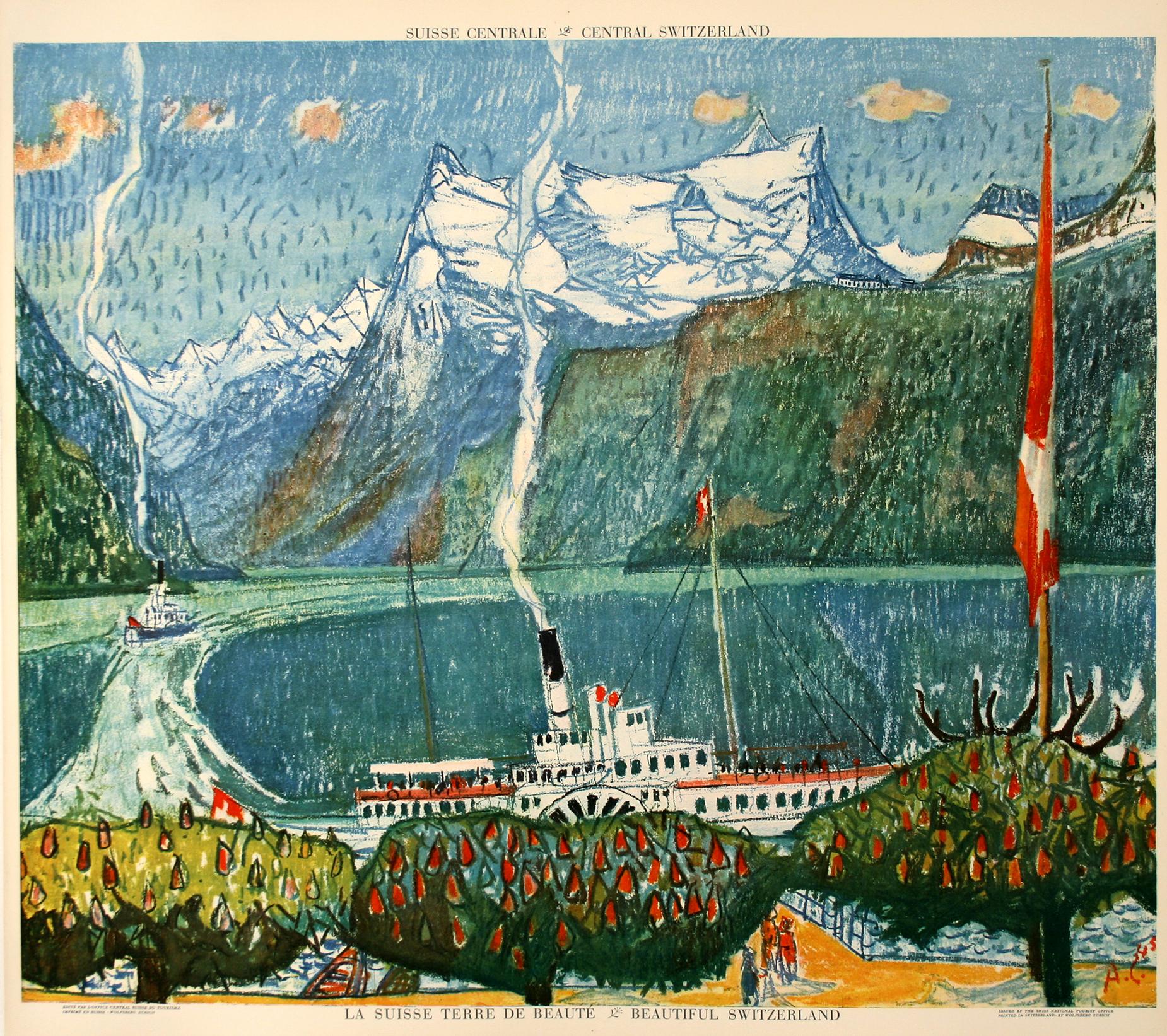 Original Vintage Swiss Travel Poster Suisse Centrale by Alois Carigiet 1945