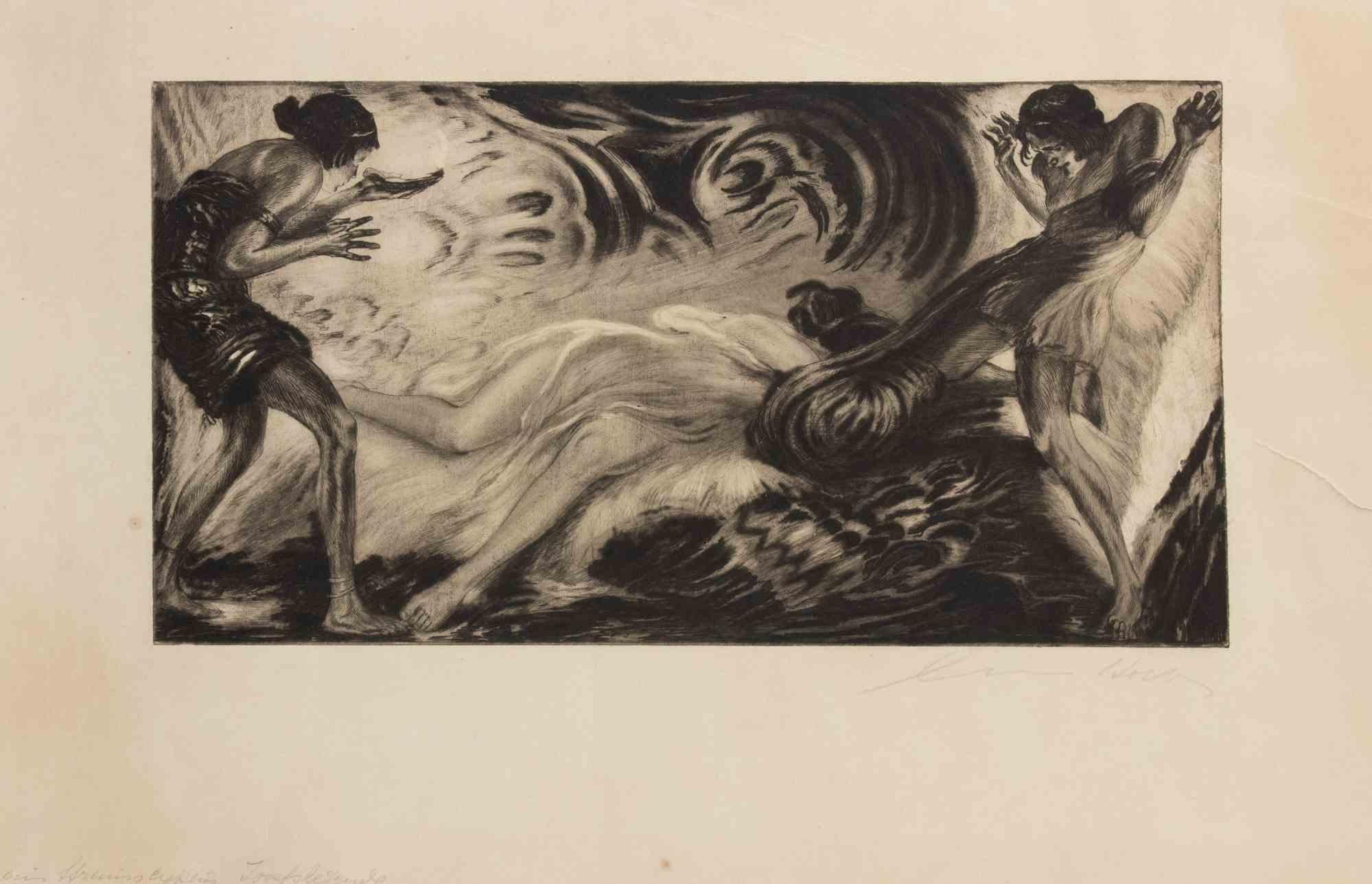 Etching realized in 1922 to illustrate Richard Strauss' work.

Hand signed in pencil ower right.

A tear in the right margin and a corner crease in the upper right, otherwise overall good overall condition.