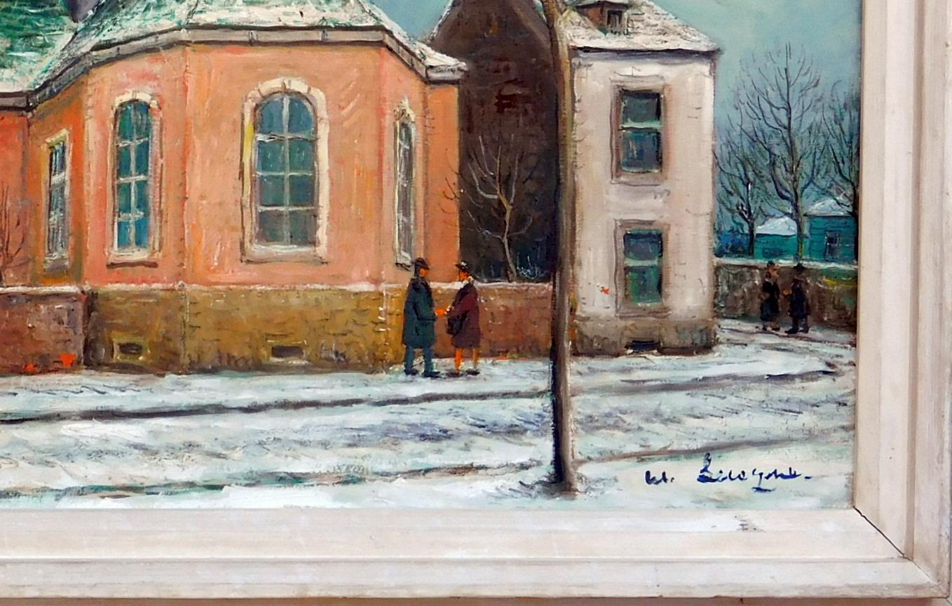 Alois Lecoque Oil on Canvas, circa 1950s, Village in Snow In Good Condition For Sale In Phoenix, AZ