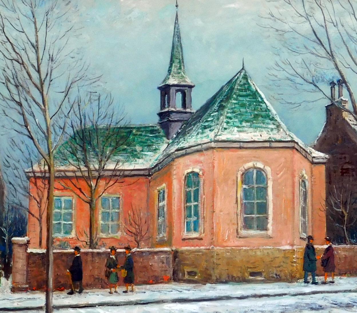 Milieu du XXe siècle Alois Lecoque Huile sur toile, vers les années 1950 - Village in Snow en vente