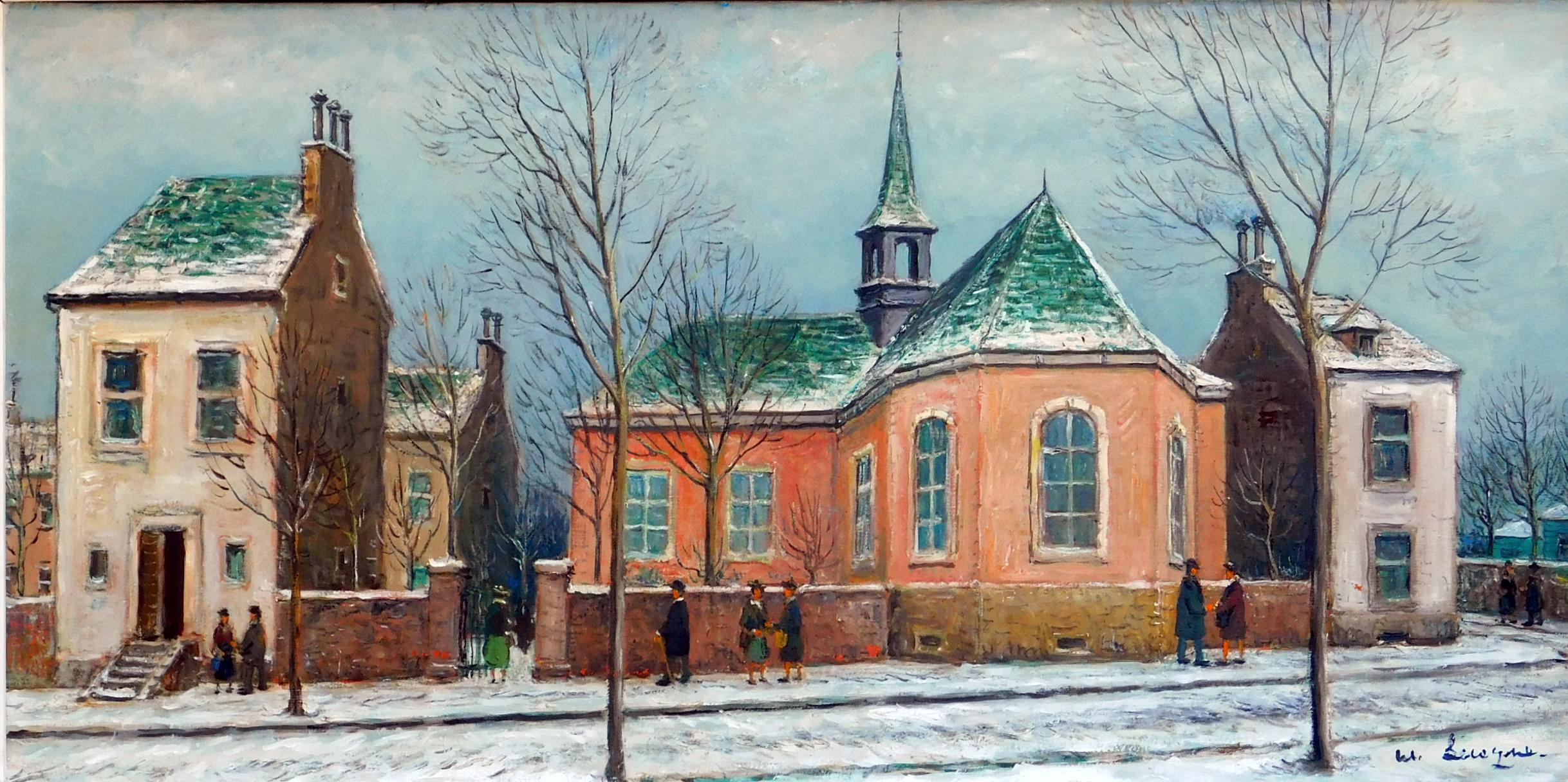 Olio su tela di Alois Lecoque, anni '50 circa, Villaggio nella neve 1