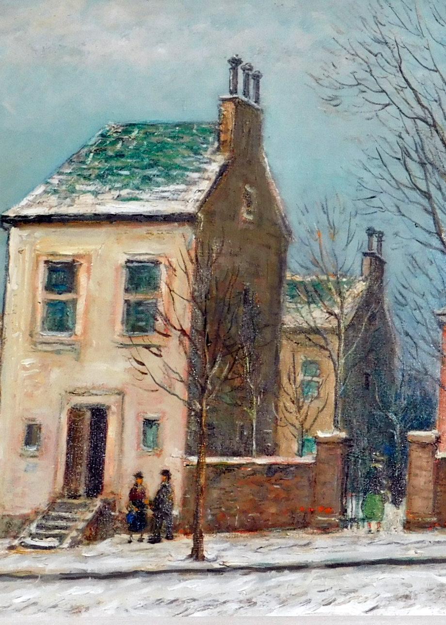 Olio su tela di Alois Lecoque, anni '50 circa, Villaggio nella neve 4
