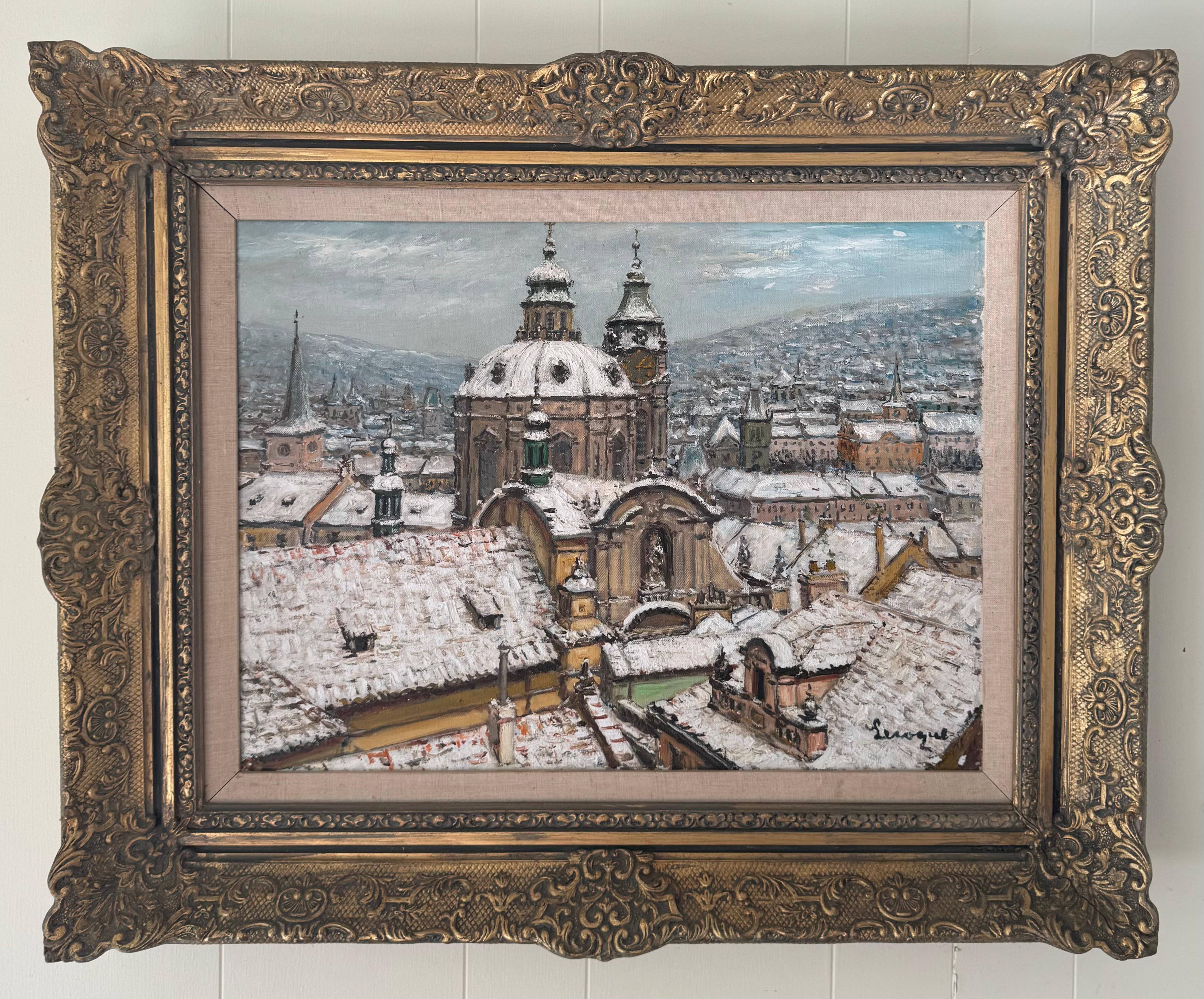 Paysage IMPRESSIONNISTE français Scène d'hiver Saint-Nicolas Prague - Painting de Alois Lecoque