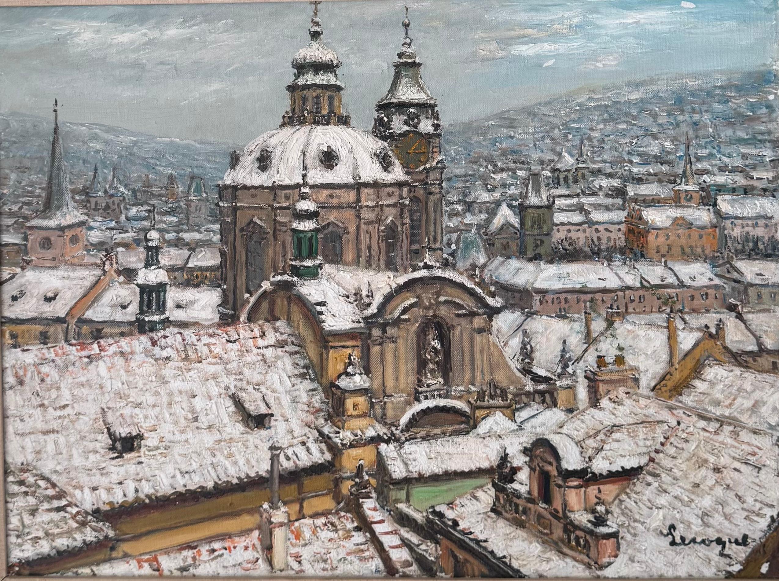 Paysage IMPRESSIONNISTE français Scène d'hiver Saint-Nicolas Prague - Impressionnisme Painting par Alois Lecoque