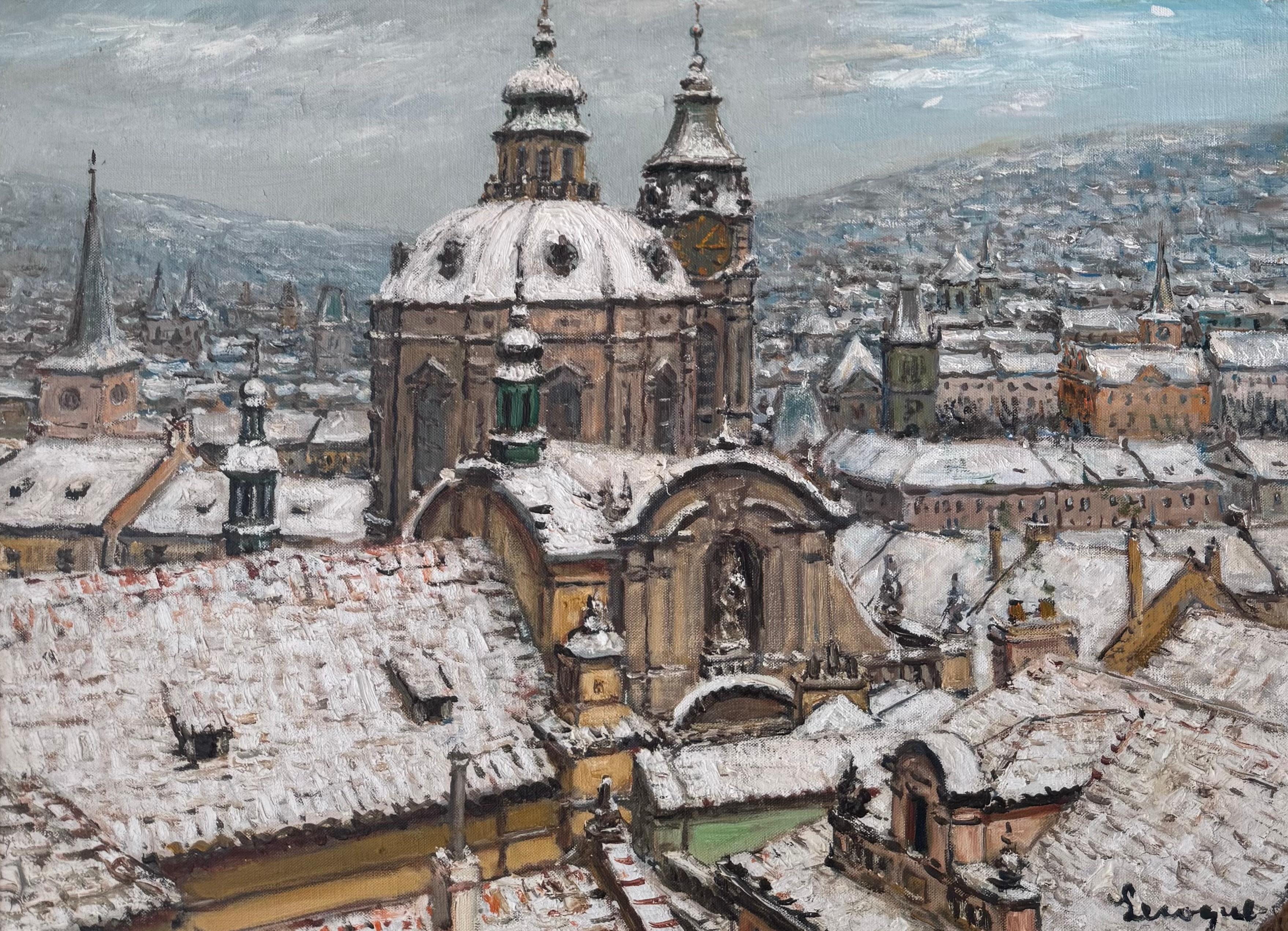 Paysage IMPRESSIONNISTE français Scène d'hiver Saint-Nicolas Prague - Gris Landscape Painting par Alois Lecoque