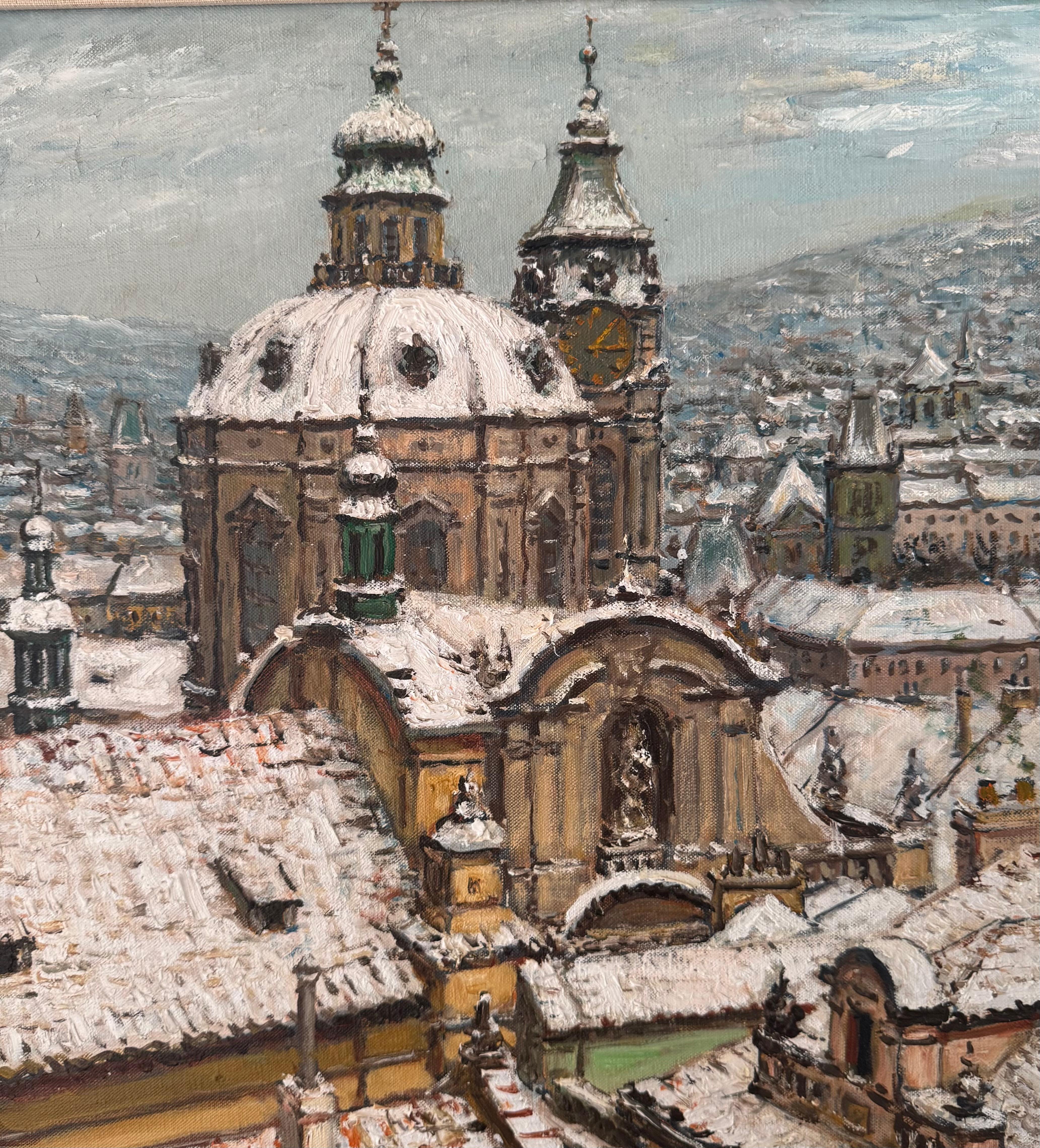 Paysage IMPRESSIONNISTE français Scène d'hiver Saint-Nicolas Prague en vente 1