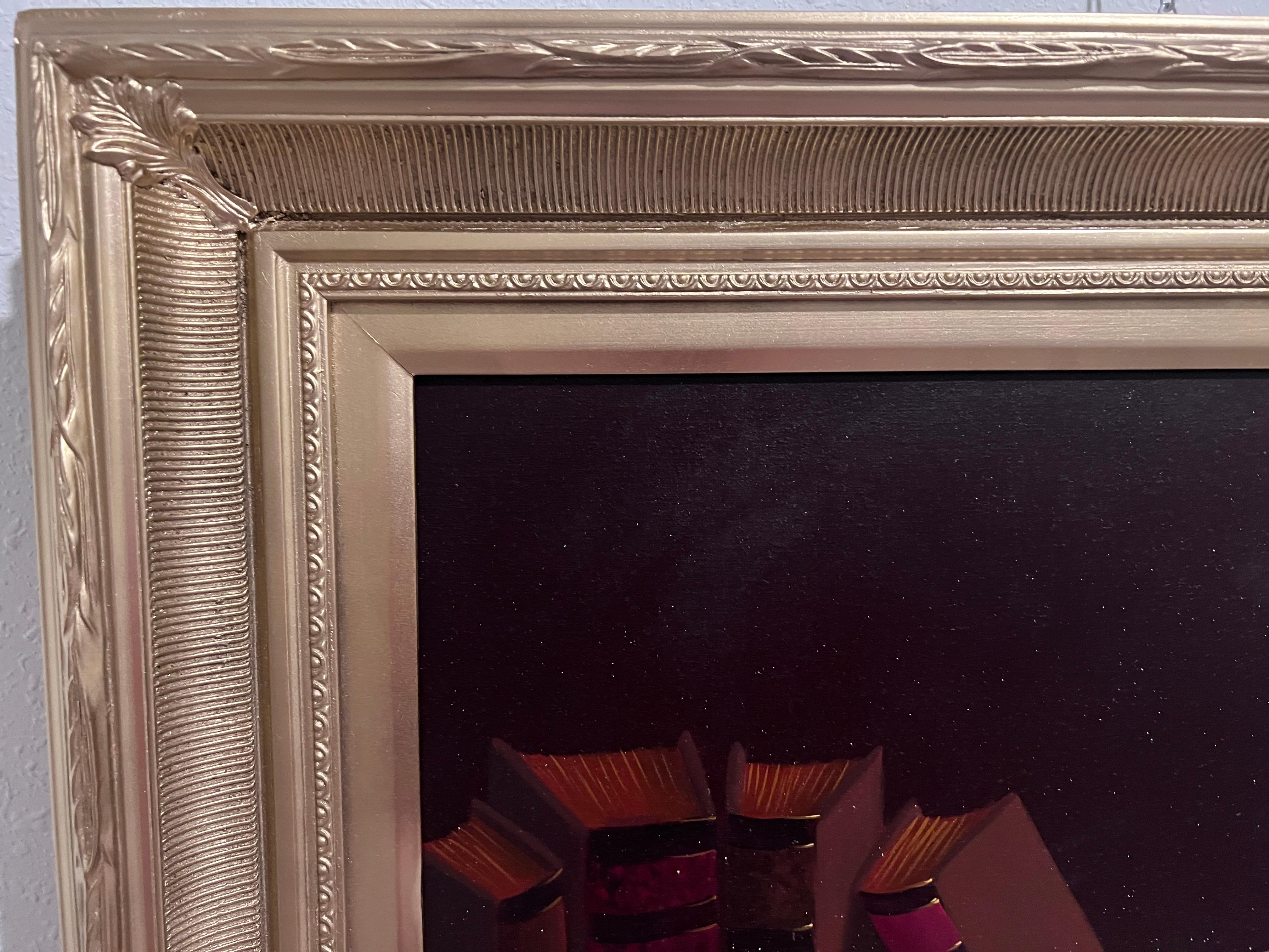 Up for sale this charming Still life oil painting on canvas depicting a warm, intimate scene featuring a violin resting on a rich red cloth, illuminated by the soft glow of a single candle. The realistic details and masterful use of light and shadow