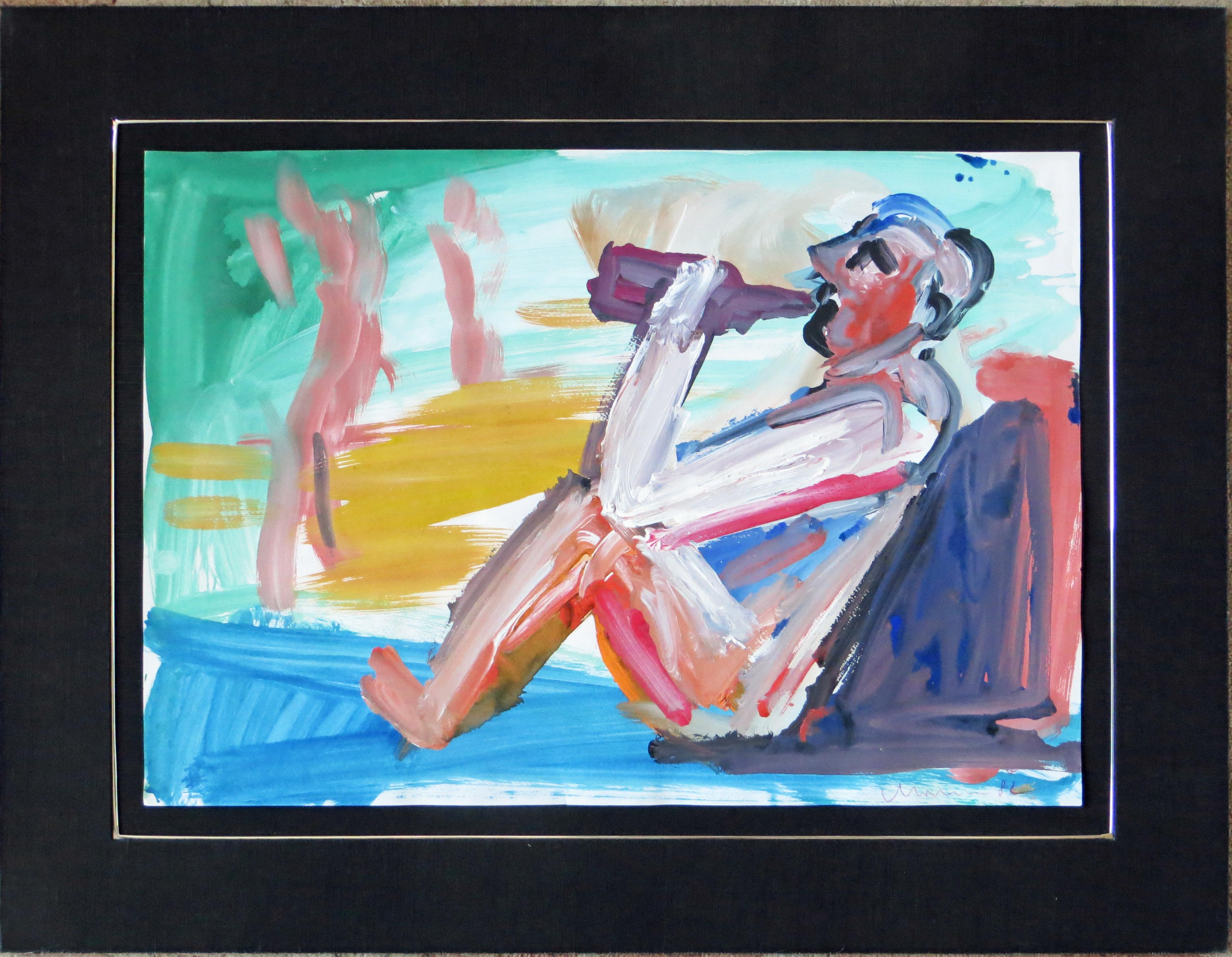 Artist: Alois Mosbacher– Austrian (1954- )
Title: Figure Drinking from Bottle
Year: 1982
Medium: Mixed Media – Acrylic and watercolor on paper
Size: 16.75 x 24 inches (42.5 x 61 cm) 
Matted size: 24 x 31.25 inches (61 x 79.5 cm)
Signature: Signed,