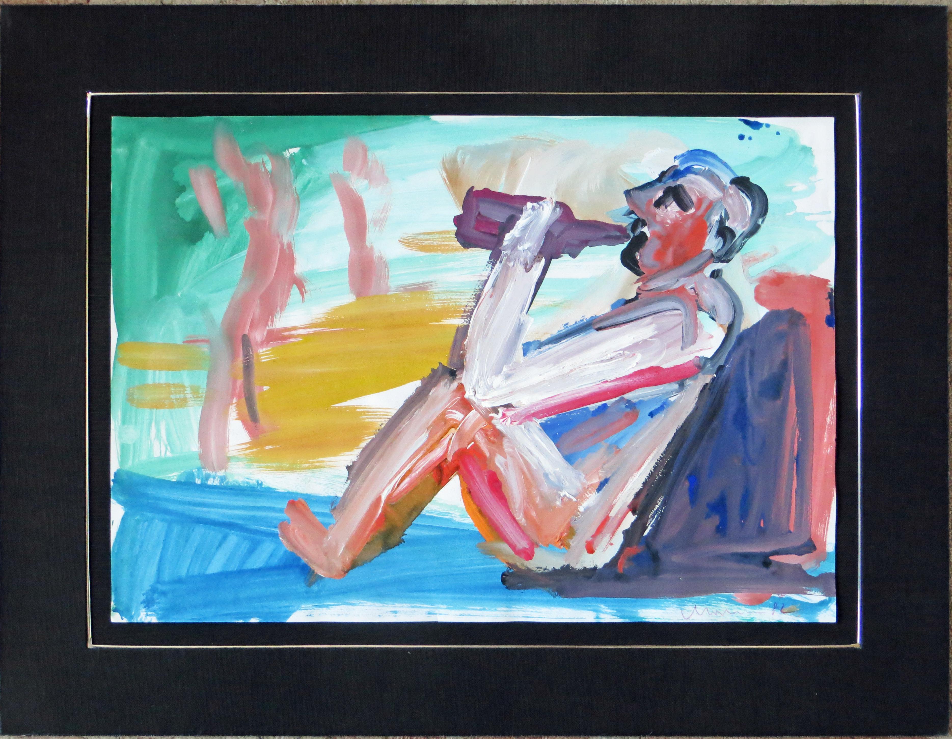 Figura che beve dalla bottiglia - Abstract Painting Grigio di Alois Mosbacher
