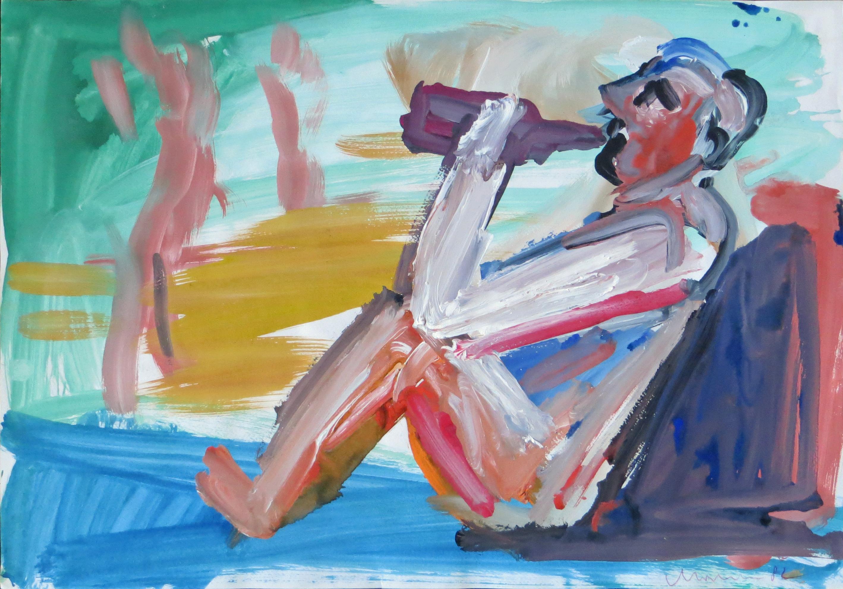 Artista: Alois Mosbacher - Austriaco (1954- )
Titolo: Figura che beve da una bottiglia
Anno: 1982
Medium: Tecnica mista - Acrilico e acquerello su carta
Dimensioni: 16,75 x 24 pollici (42,5 x 61 cm) 
Dimensioni opache: 24 x 31,25 pollici (61 x 79,5