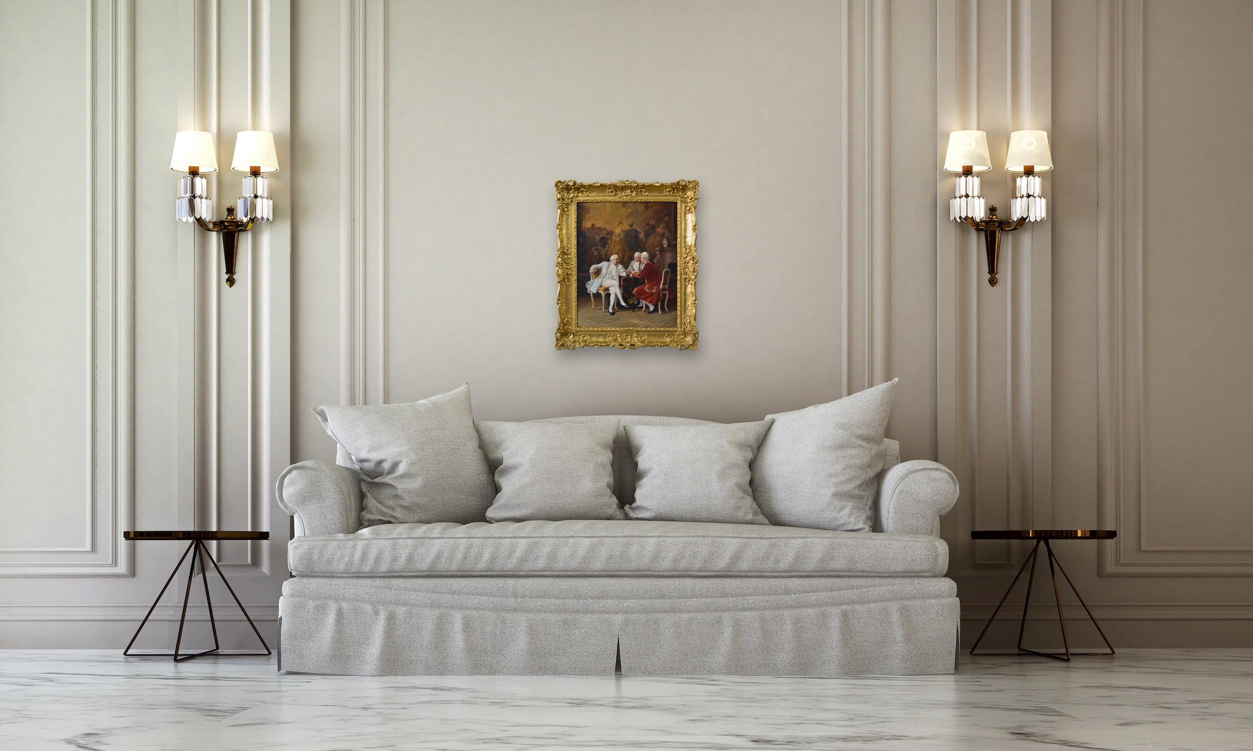 Quadro ad olio di genere storico con tre gentiluomini a tavola 6