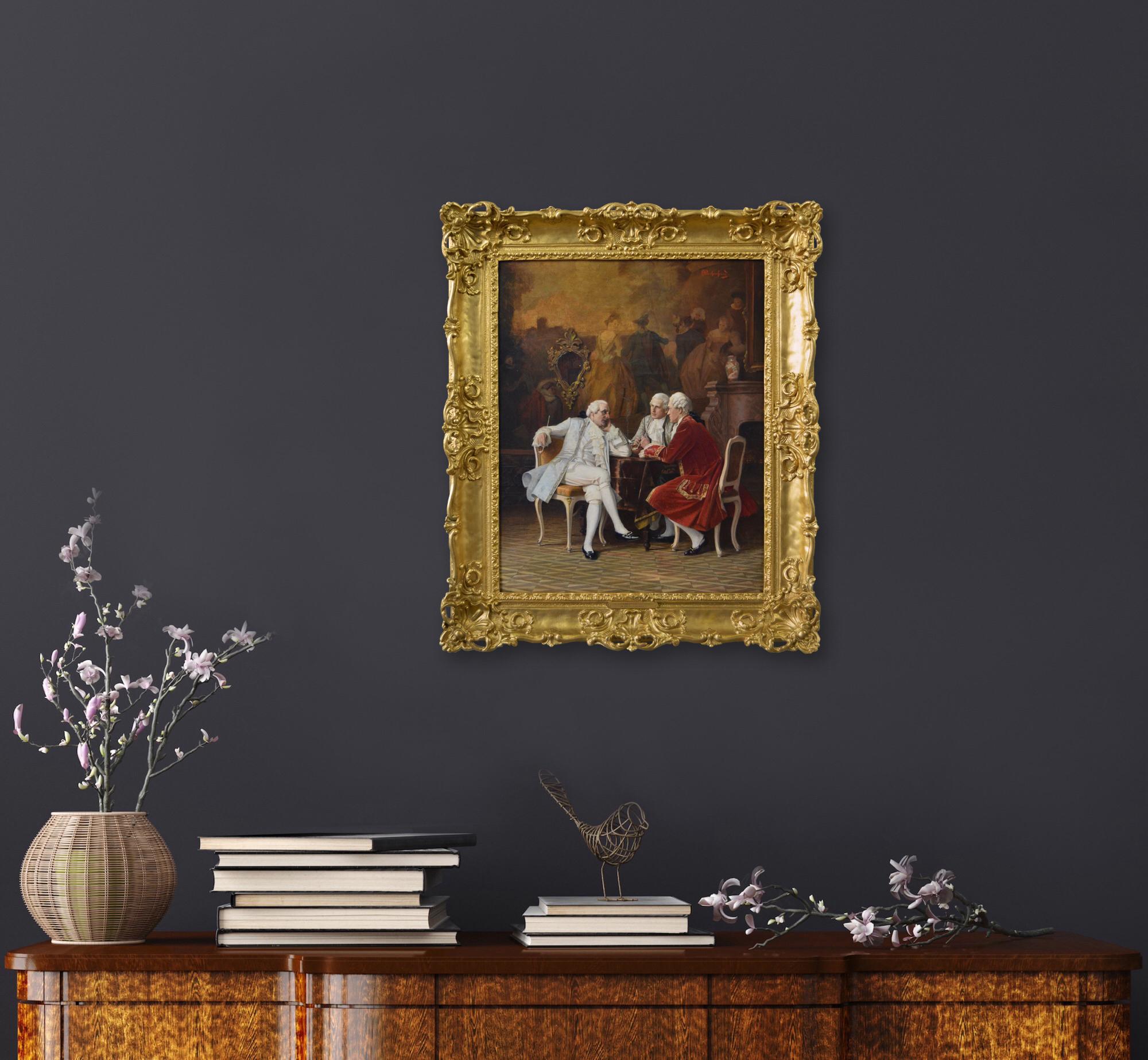 Quadro ad olio di genere storico con tre gentiluomini a tavola 7