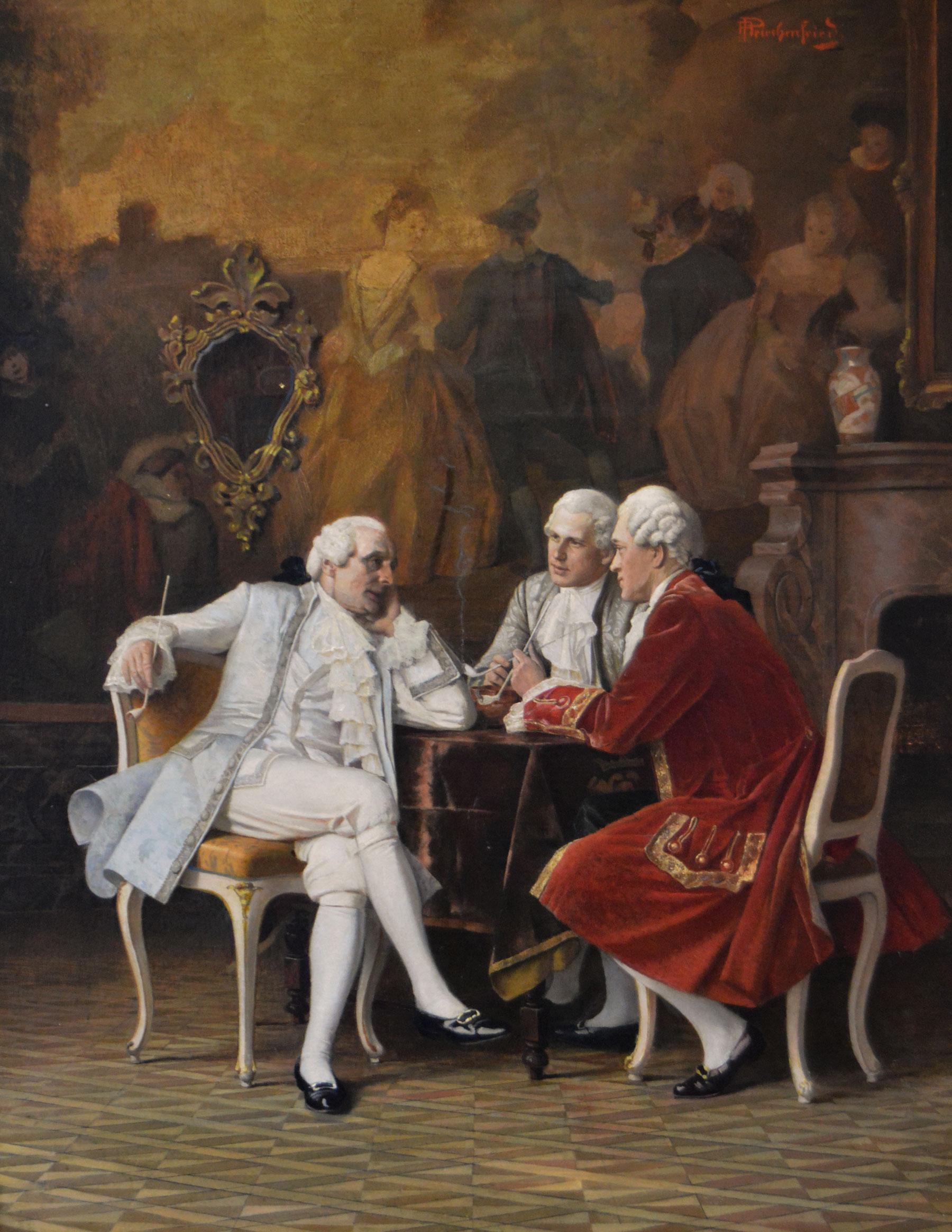Quadro ad olio di genere storico con tre gentiluomini a tavola - Painting di Alois Priechenfried