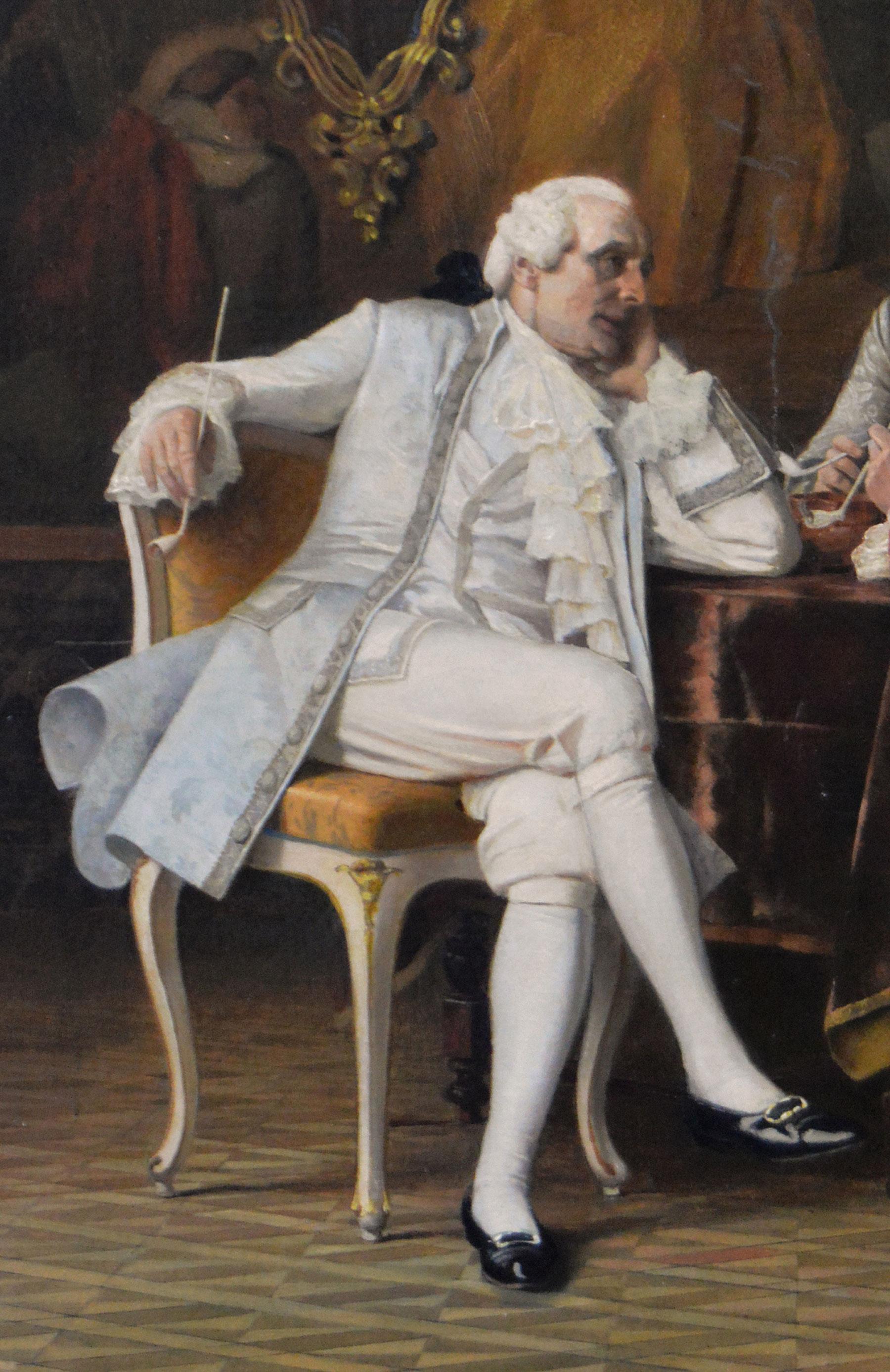 Quadro ad olio di genere storico con tre gentiluomini a tavola - Painting Vittoriano di Alois Priechenfried