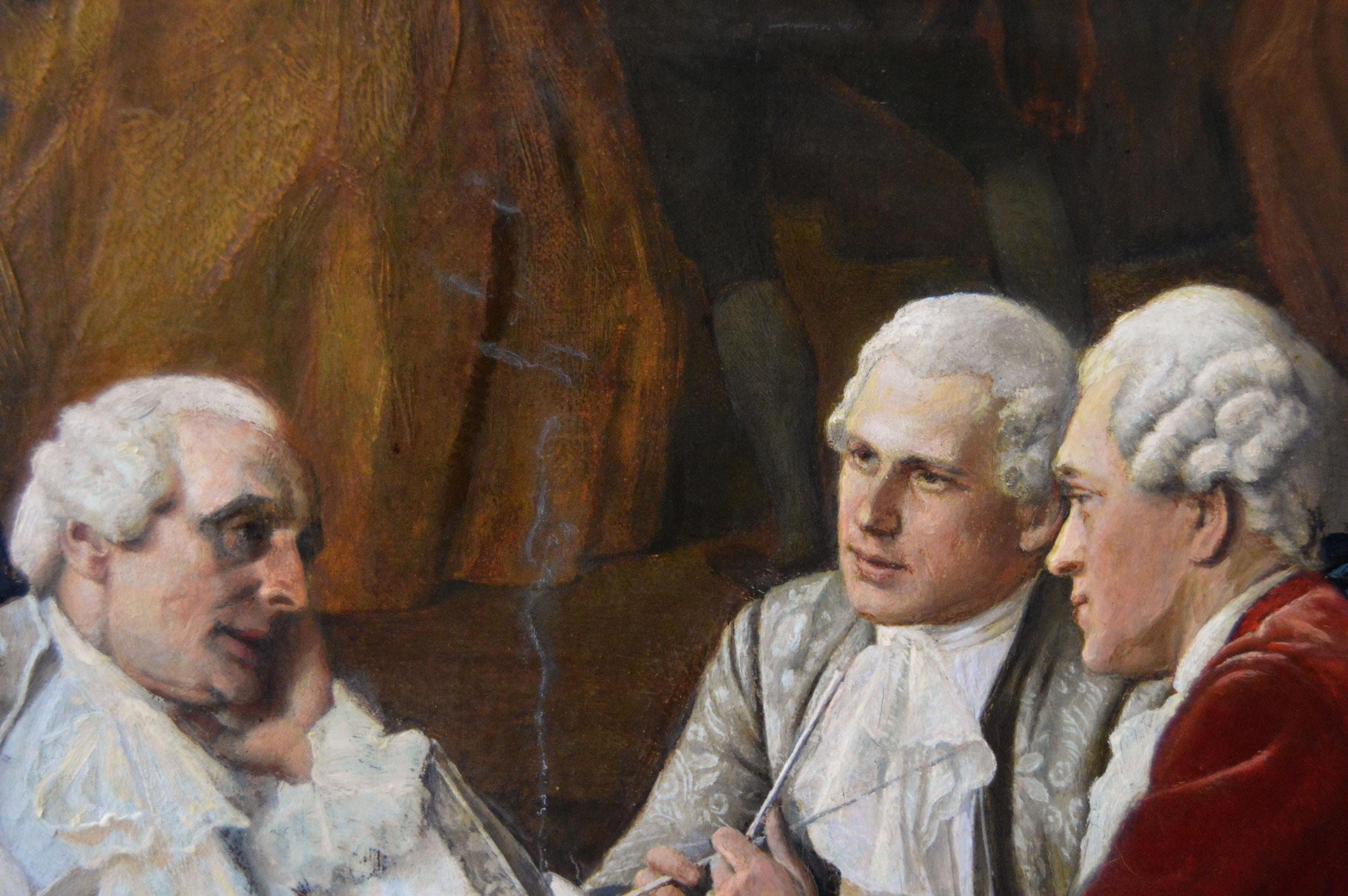 Quadro ad olio di genere storico con tre gentiluomini a tavola 1