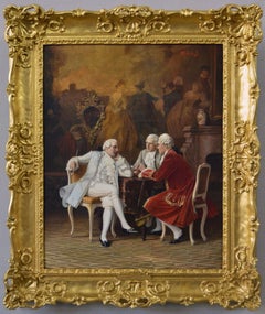 Historical genre oil painting of three gentlemen at a table