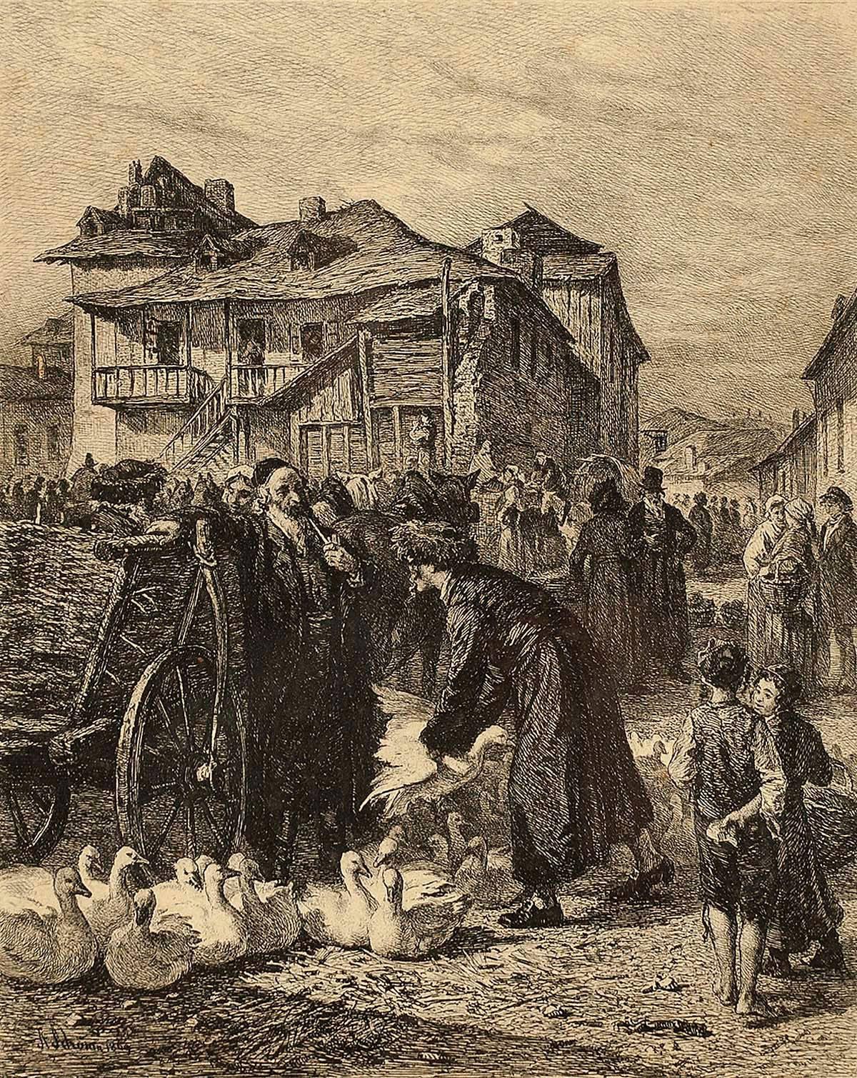 Figurative Print di Aloïs Schönn - Mercato delle oche a Cracovia, stampa d
epoca, 1869