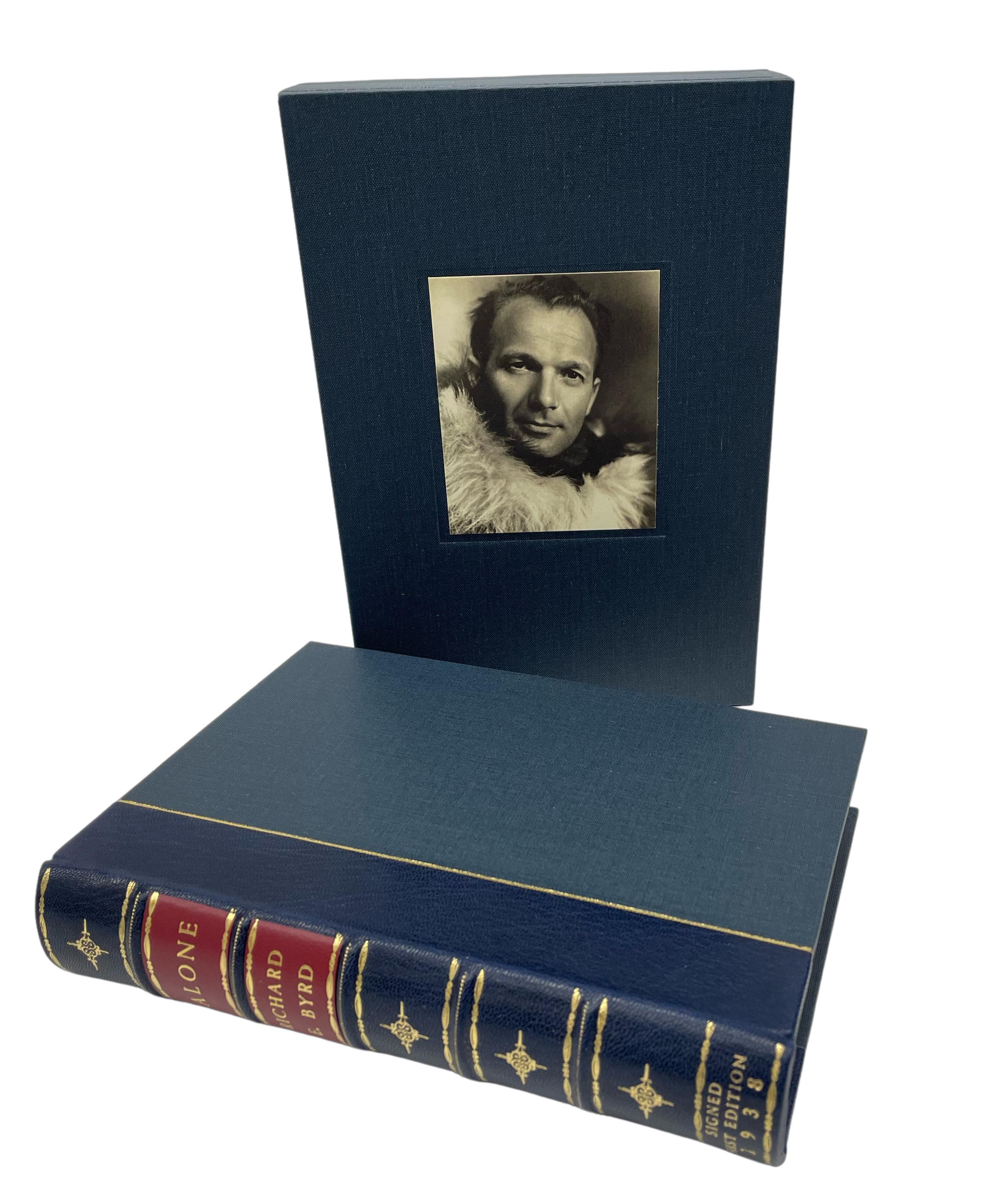 Byrd, Richard E, Alone. New York: G. P. Putnam's Sons, 1938. First edition, stated second impression. Signed by Byrd on free end paper. Octavo. Presented in quarter blue Moroccan leather and cloth binding, with gilt titles and stamps to the spine,