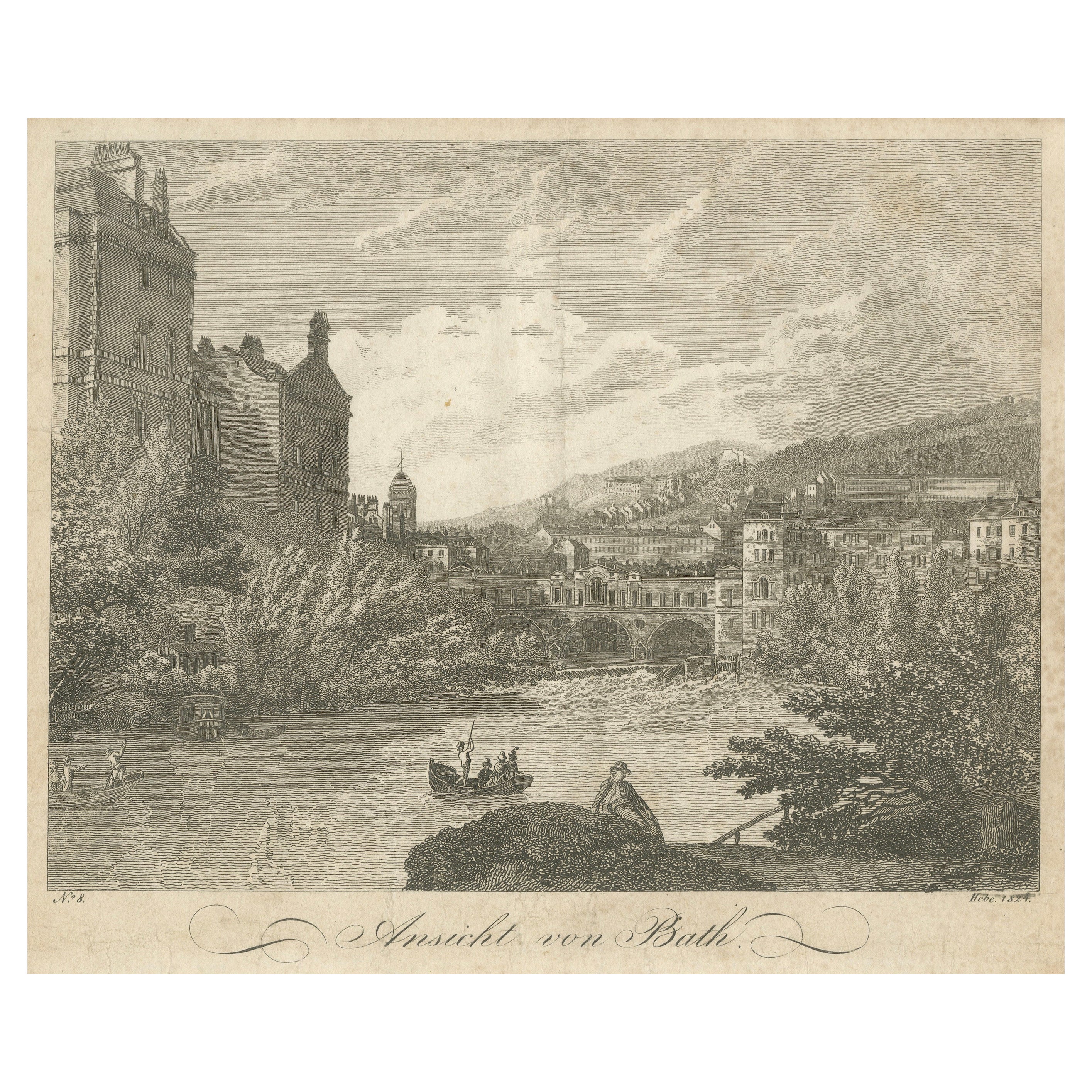 Along the Avon at Bath — Early 19th-Century English Cityscape, 1824 For Sale