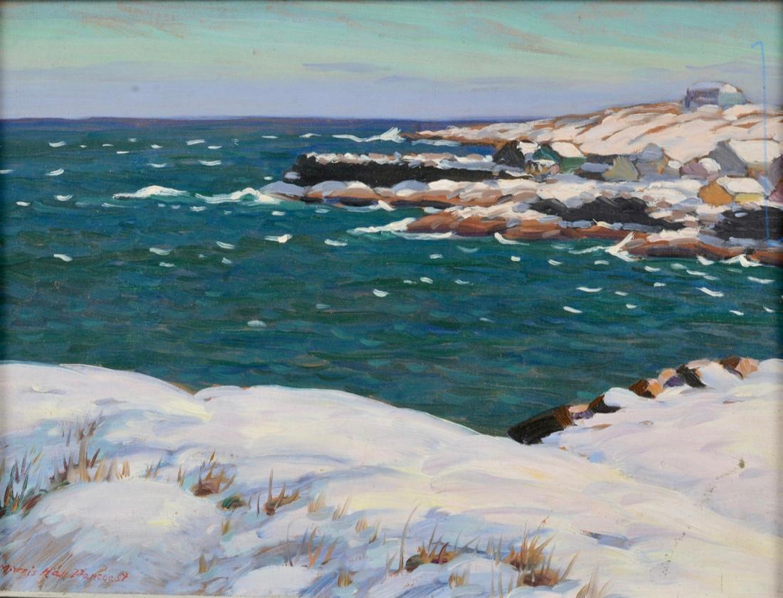 Oil on artist board, signed lower left.  Featuring the Maine coast on a winters day.

Morris Hall Pancoast (1877 – 1963)  Born in Salem, New Jersey, Morris Hall Pancoast was a painter, illustrator, and cartoonist. He took night courses at Drexel