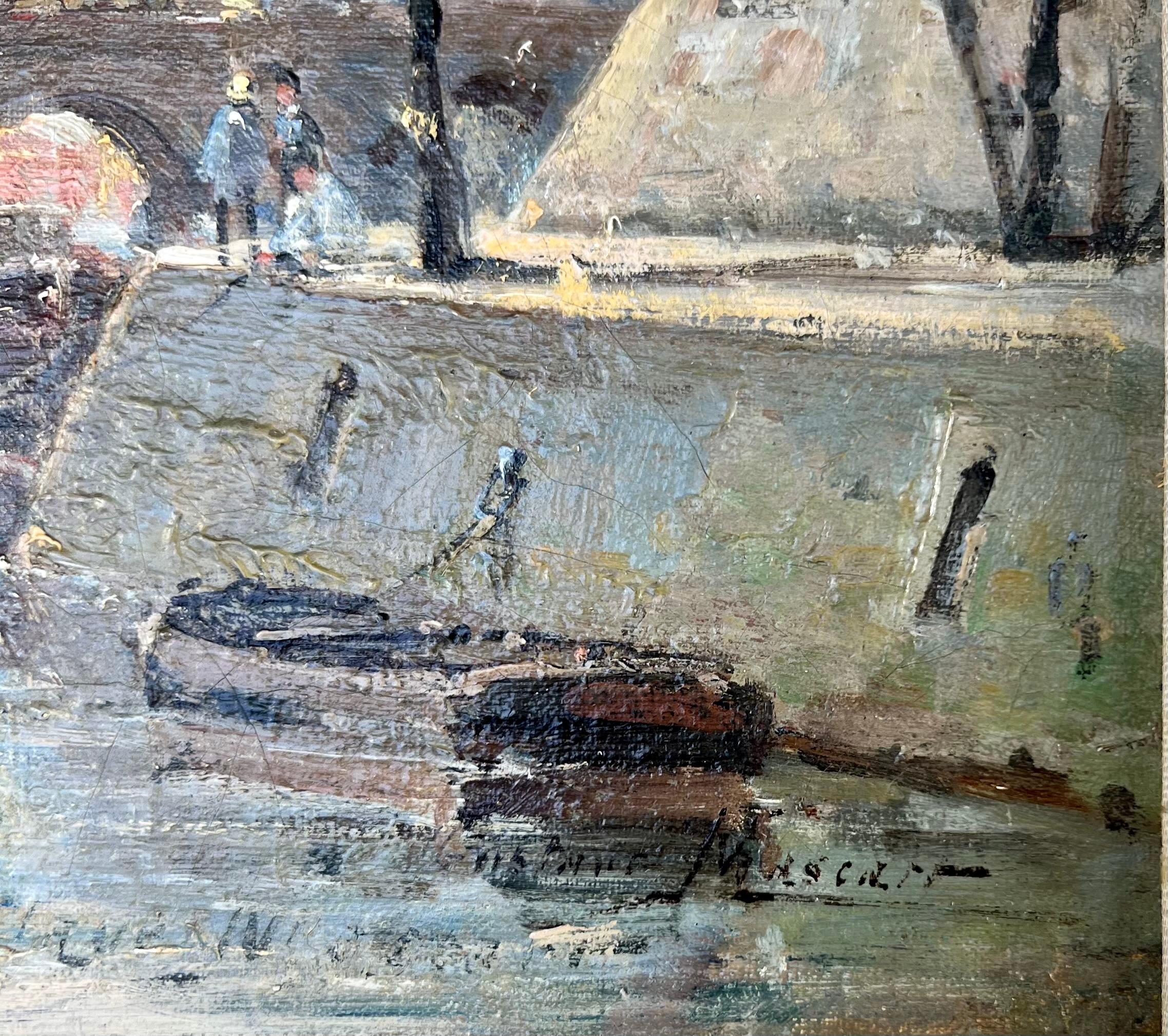 Gustave Muscart, Français 1834-1914
Il s'agit d'une scène bien peinte d'une journée ensoleillée le long de la Seine à Paris, présentée dans un joli cadre doré.  Elle est en excellent état et signée en bas à droite.  
